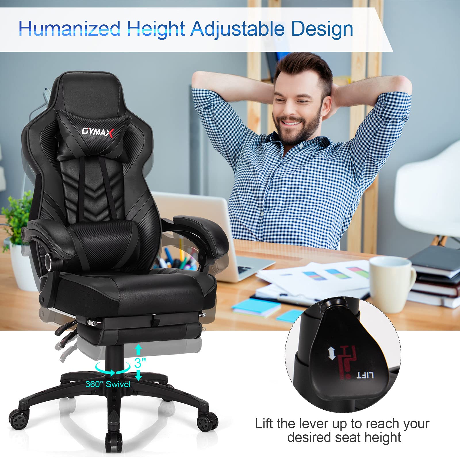 Premium Black Gaming Chair - Ergonomic High Back Computer Chair for Adults & Teens with Lumbar Support, Headrest & Retractable Footrest - Racing Style Reclining Gamer Chair for PC, Office & Esports Gaming Setup