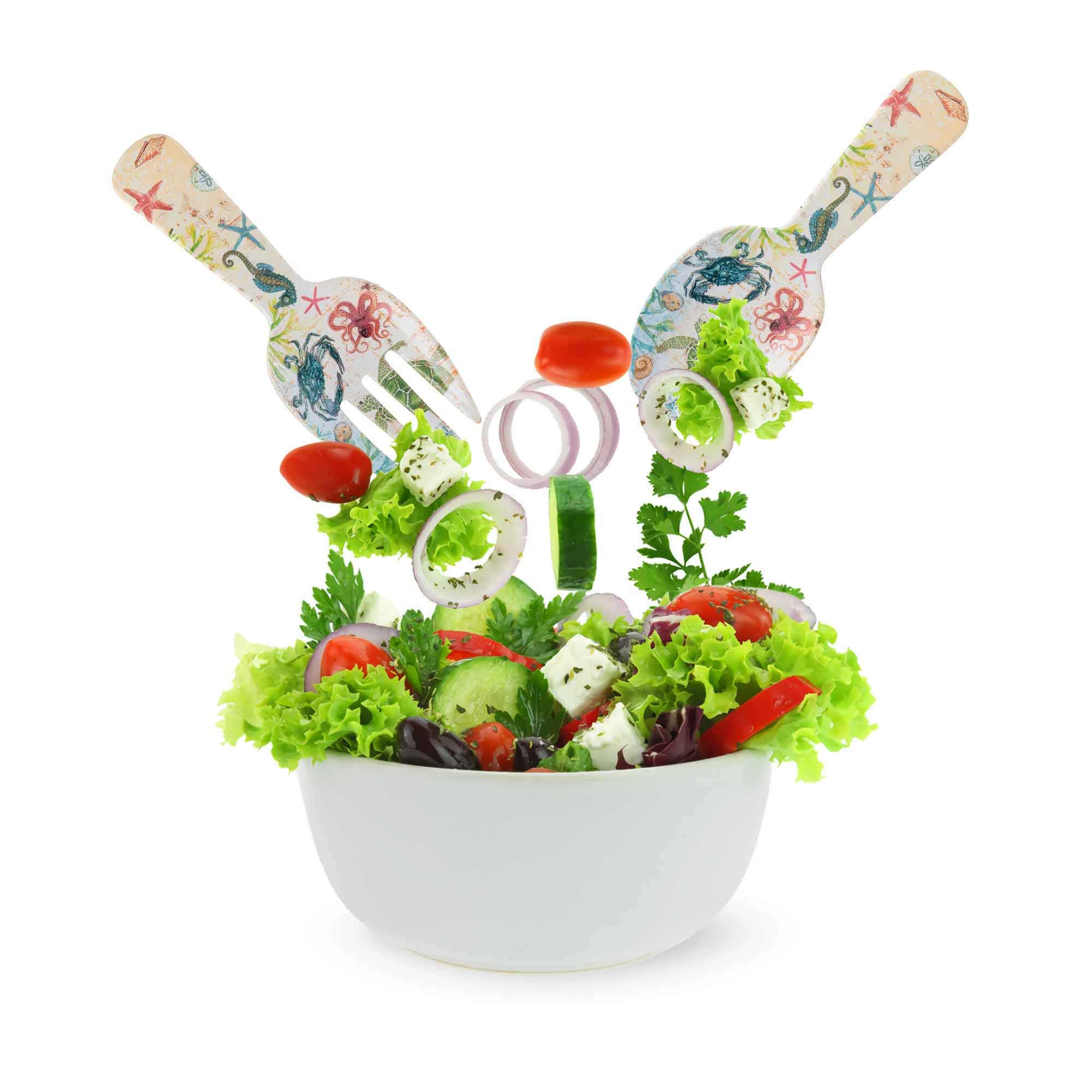 Premium 10.75 Inch Melamine Salad Serving Set - 2-Piece Salad Spoon & Fork Utensils with Sealife Crab Design | Durable, Lightweight & Dishwasher Safe | Perfect for Picnics, BBQs, Dinner Parties & Seafood Themed Events