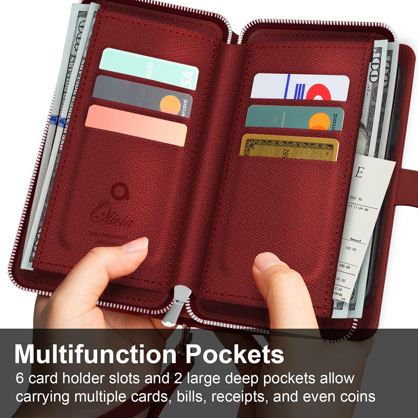 Premium PU Leather Galaxy Note 8 Wallet Case with Zipper Closure, Card Holder & Strap - Burgundy Flip Cover Folio for Protection & Style | Perfect for Business, Travel & Everyday Use