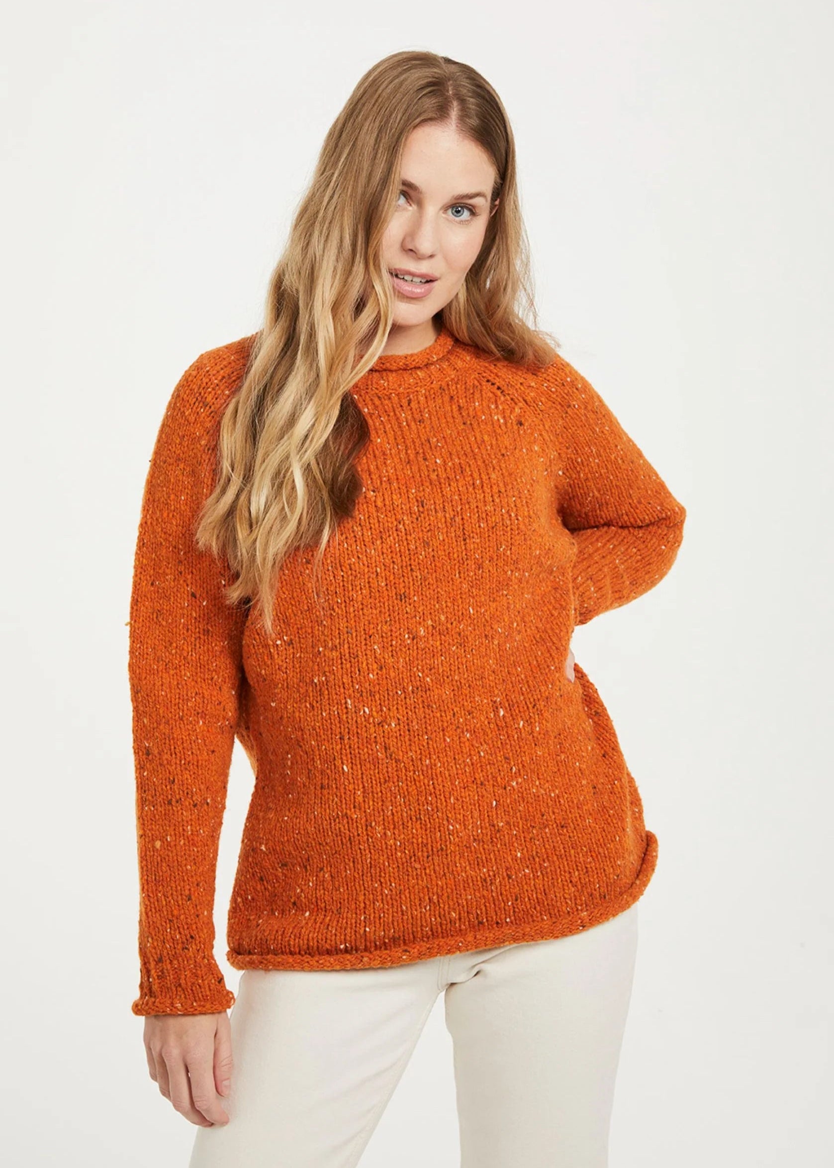 Women's Donegal Roll Neck Sweater - Warm Winter Knit Pullover in Orange | Cozy Casual Wear for Fall & Winter Outfits