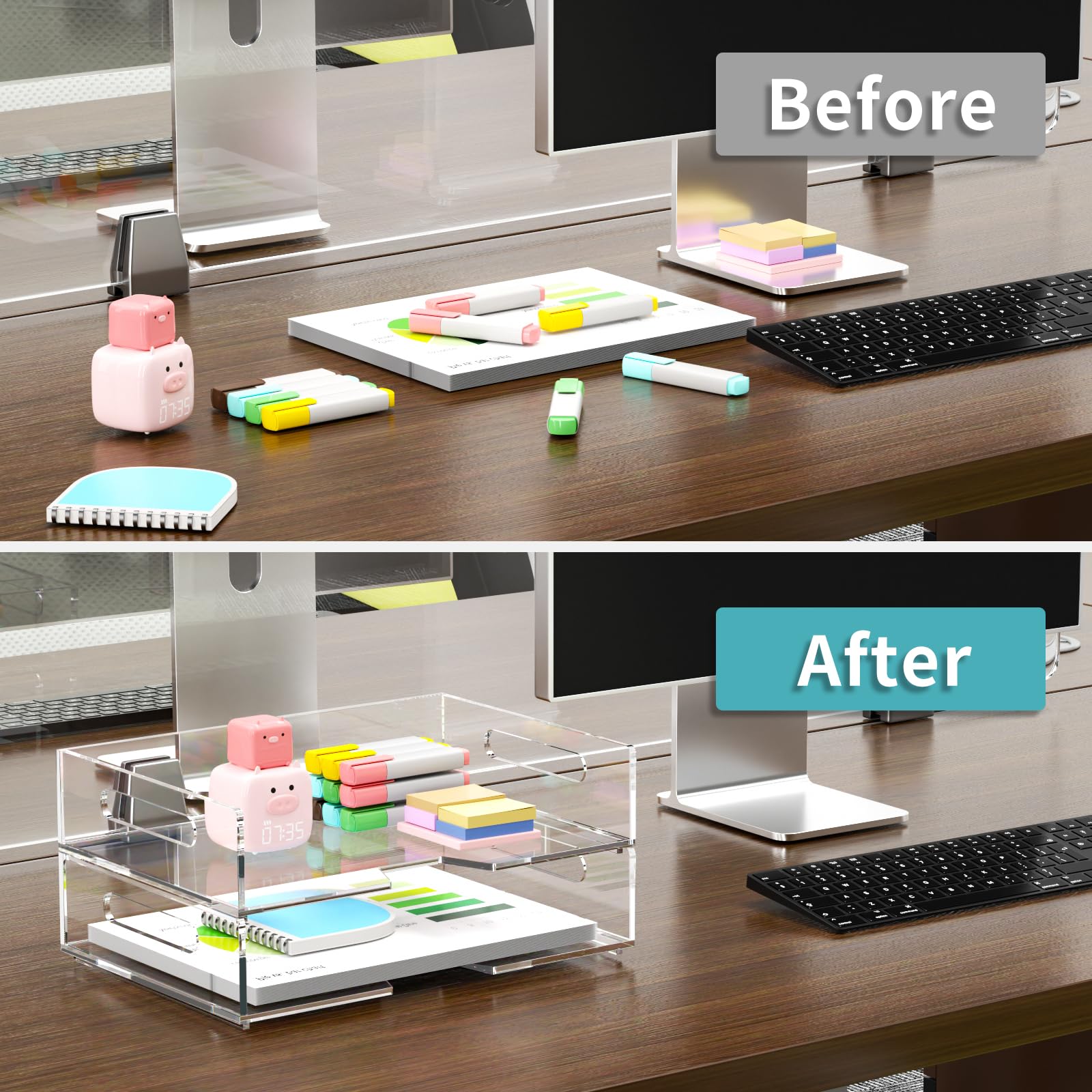HIIMIEI 2 Pack Clear Acrylic Letter Tray - Stackable Desk Organizer for Documents, Files, and Office Supplies | Perfect for School, Home & Office Use | Horizontal Desktop Storage Solution for Paperwork, Mail, and Stationery