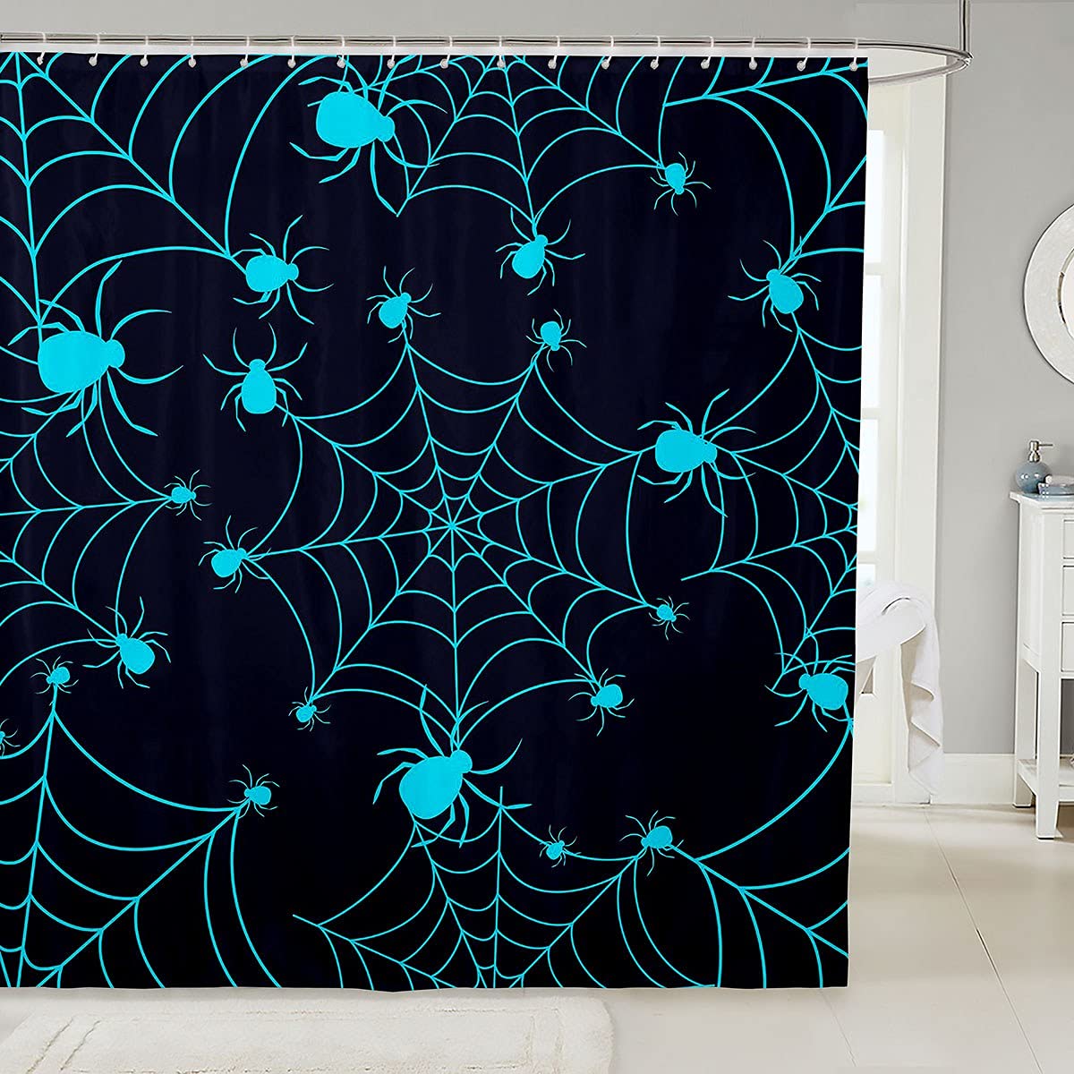 Spider Web Bathroom Shower Curtain for Kids - Halloween Themed Black & Blue Waterproof Decor (72