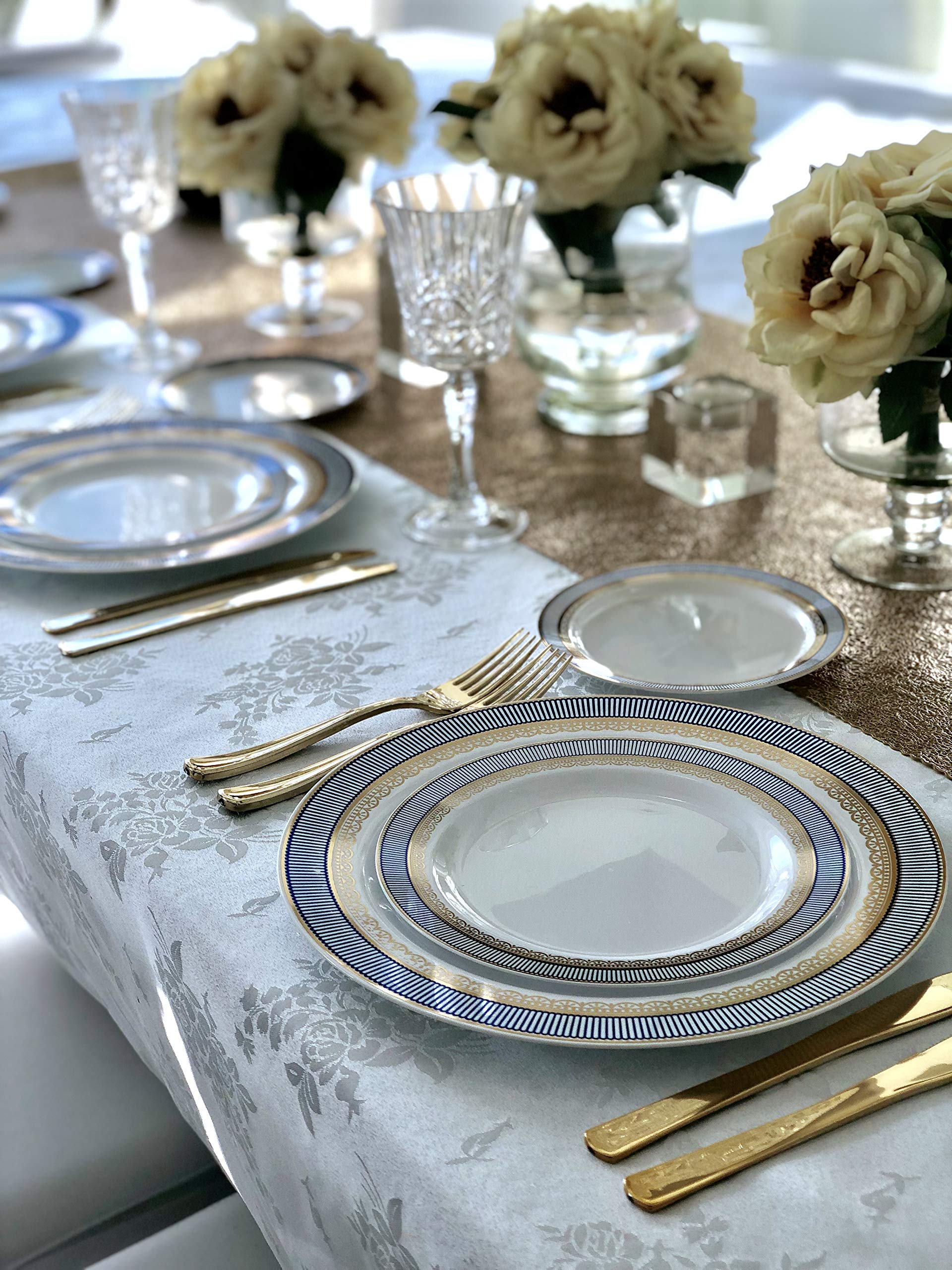 60-Pack Heavyweight Disposable Plastic Plates for Weddings & Parties - 7.5'' Appetizer/Dessert Plates in Elegant Louvre White/Blue & Gold Design | Perfect for Catering, Birthday Celebrations & Formal Events