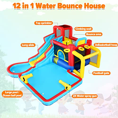 **AKEYDIY 13-in-1 Inflatable Water Slide Bounce House with Waterfall Waves - Kids Backyard Water Park, Splash & Blast Bouncer, Ball Toss, Soccer Gate | Perfect for Summer Parties, Birthdays, and Outdoor Family Fun**