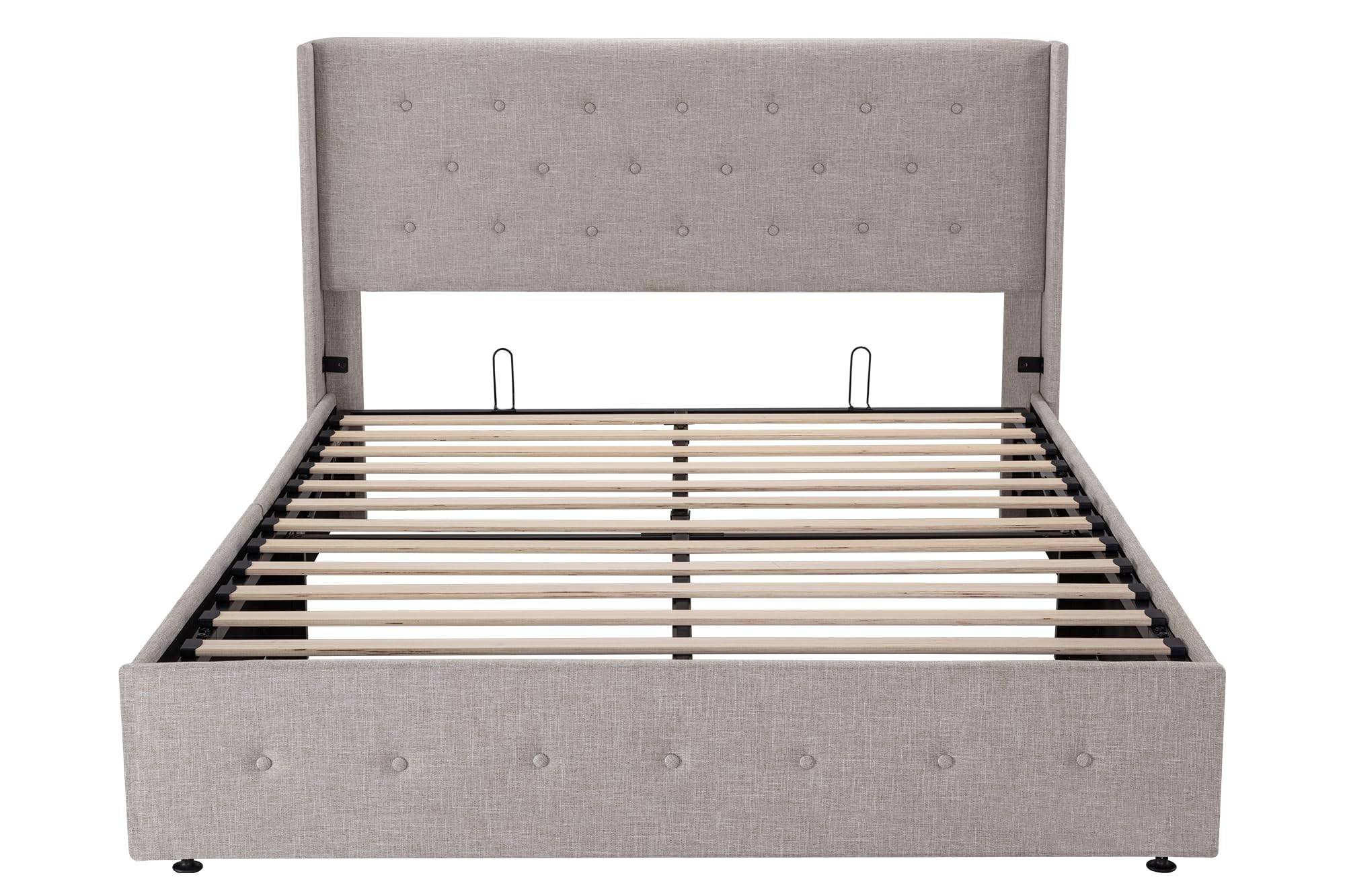 Queen Size Lift Up Storage Bed with Button Tufted Wingback Headboard - Hydraulic Storage Platform Bed Frame, No Box Spring Needed, Wood Slats Support in Light Beige | Perfect for Small Space Bedrooms, Guest Rooms & Modern Apartments