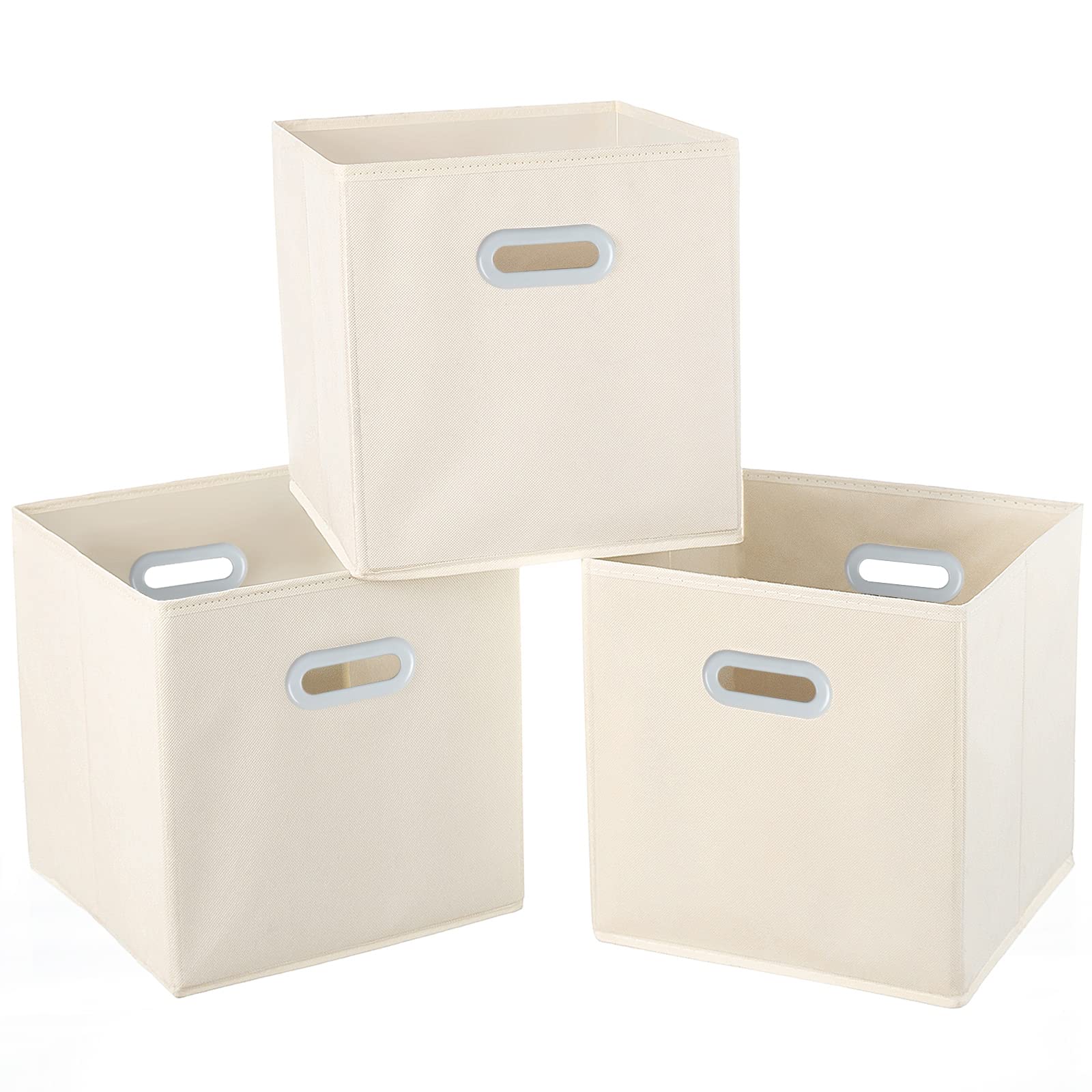 Premium Fabric Storage Bins with Handles - Foldable Cloth Cube Organizer for Home & Bedroom - Set of 3 Creamy-White Storage Baskets - Perfect for Toys, Blankets, Books & Closet Organization