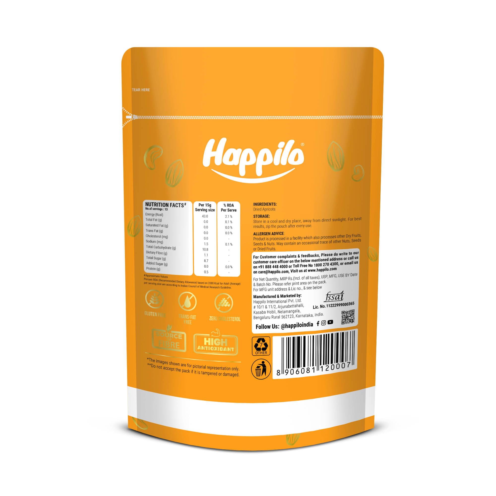 Happilo Premium Dried Turkish Apricots 200g - Vegan, Sun-Dried, Gluten Free, No Added Sugar | Perfect for Baking, Snacking, Smoothies & Healthy Recipes