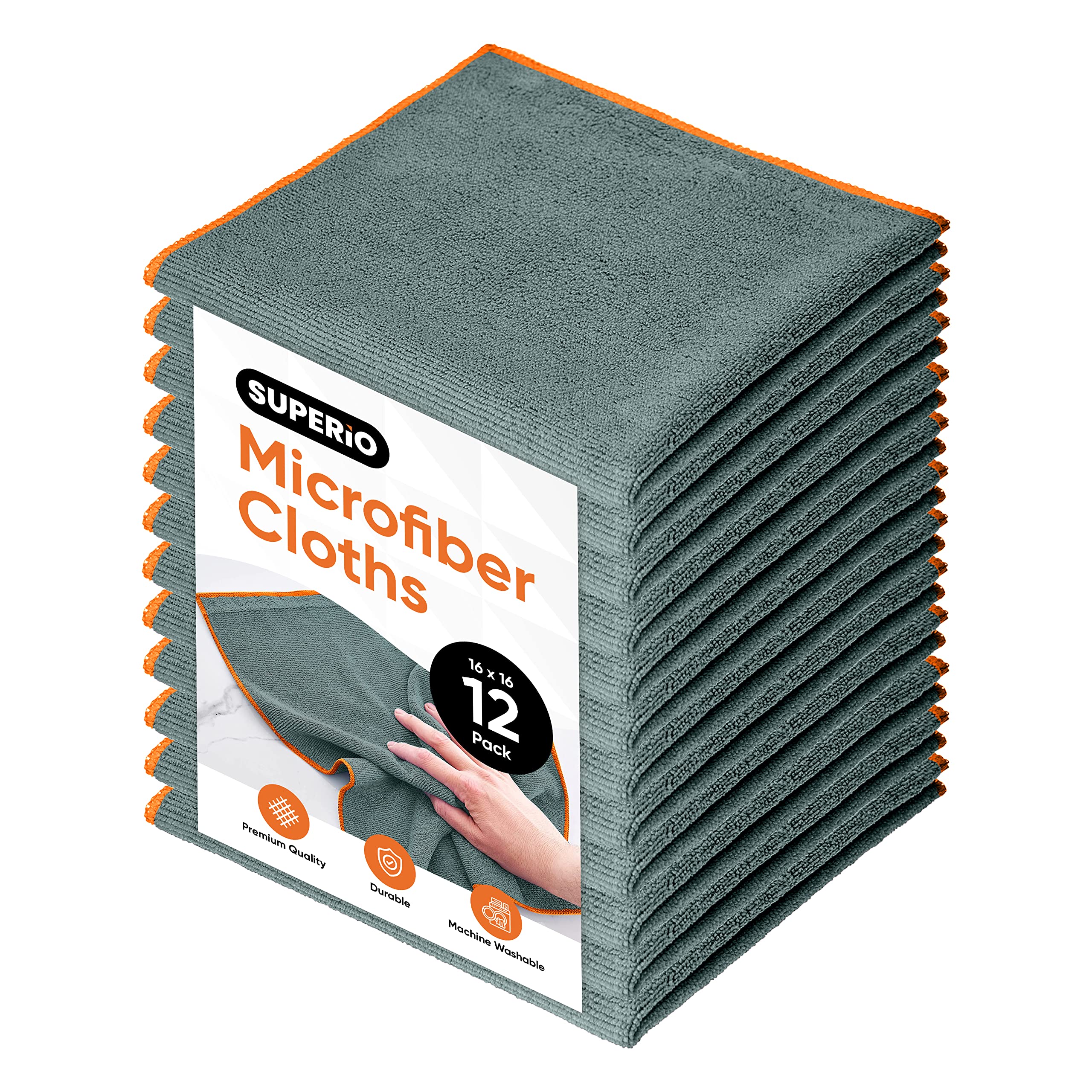 Superior Grey Microfiber Cleaning Cloths - 16x16 Inch Lint-Free, Washable & Reusable - Streak-Free Cleaning for Cars, Kitchen, Bathroom & Home - No Detergents Needed - Scratch-Free Miracle Cloths (12 Pack) - Perfect for Car Detailing, Glass Cleaning & Household Chores