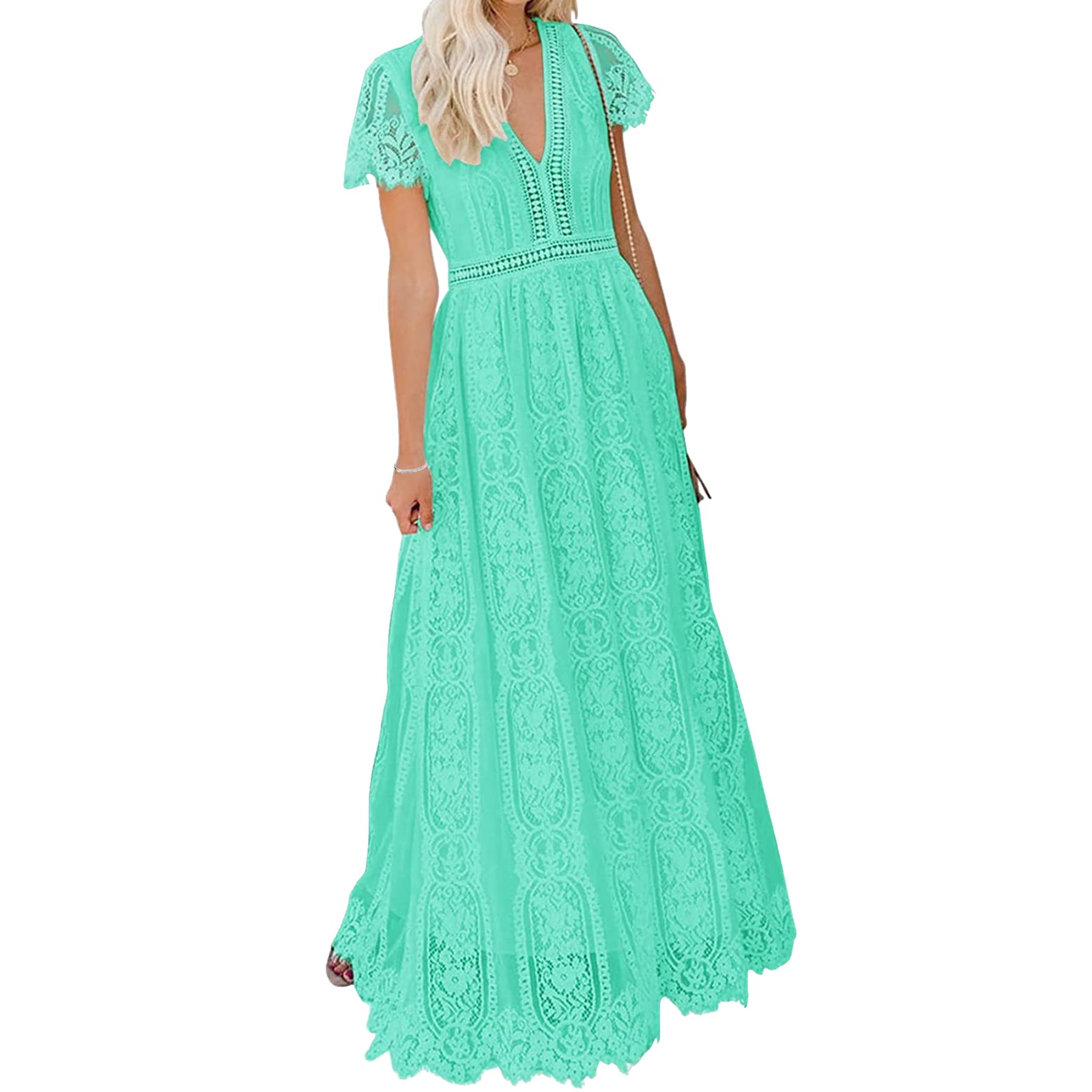 BIGSPCE Women's Sexy Floral Lace Long Dress - V-Neck Short Sleeve Bridesmaid Dress for Wedding, Cocktail Party & Formal Dinner | Elegant Evening Gown for Special Occasions