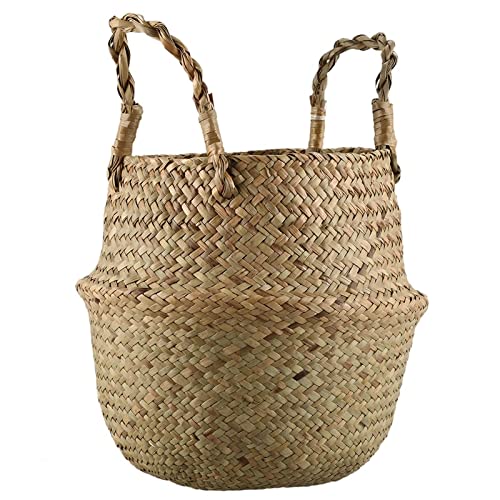 Seagrass Wicker Storage Basket - Foldable Rattan Hanging Planter & Laundry Hamper - Natural Woven Home Decor Organizer for Bathroom, Bedroom, or Nursery (Medium, Nature Color)