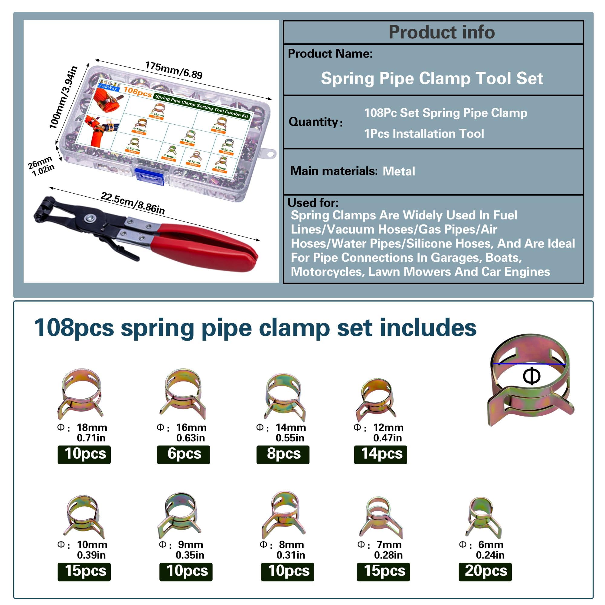 108pcs Spring Pipe Clamps Set with Installation Tool - 9 Sizes (6-18mm) for Automotive, Marine, Gardening & Industrial Use - Secure Hose Connections for Water, Fuel & Air Lines