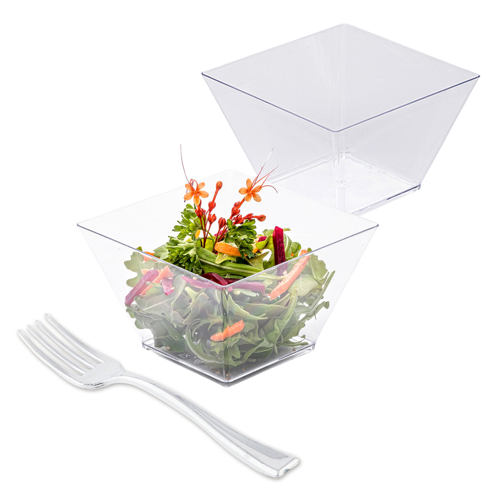 100-Pack 16 oz Square Clear Plastic Kova Bowls with 100 Silver Mini Forks – Perfect for Party Serving, Catering, and Home Entertaining