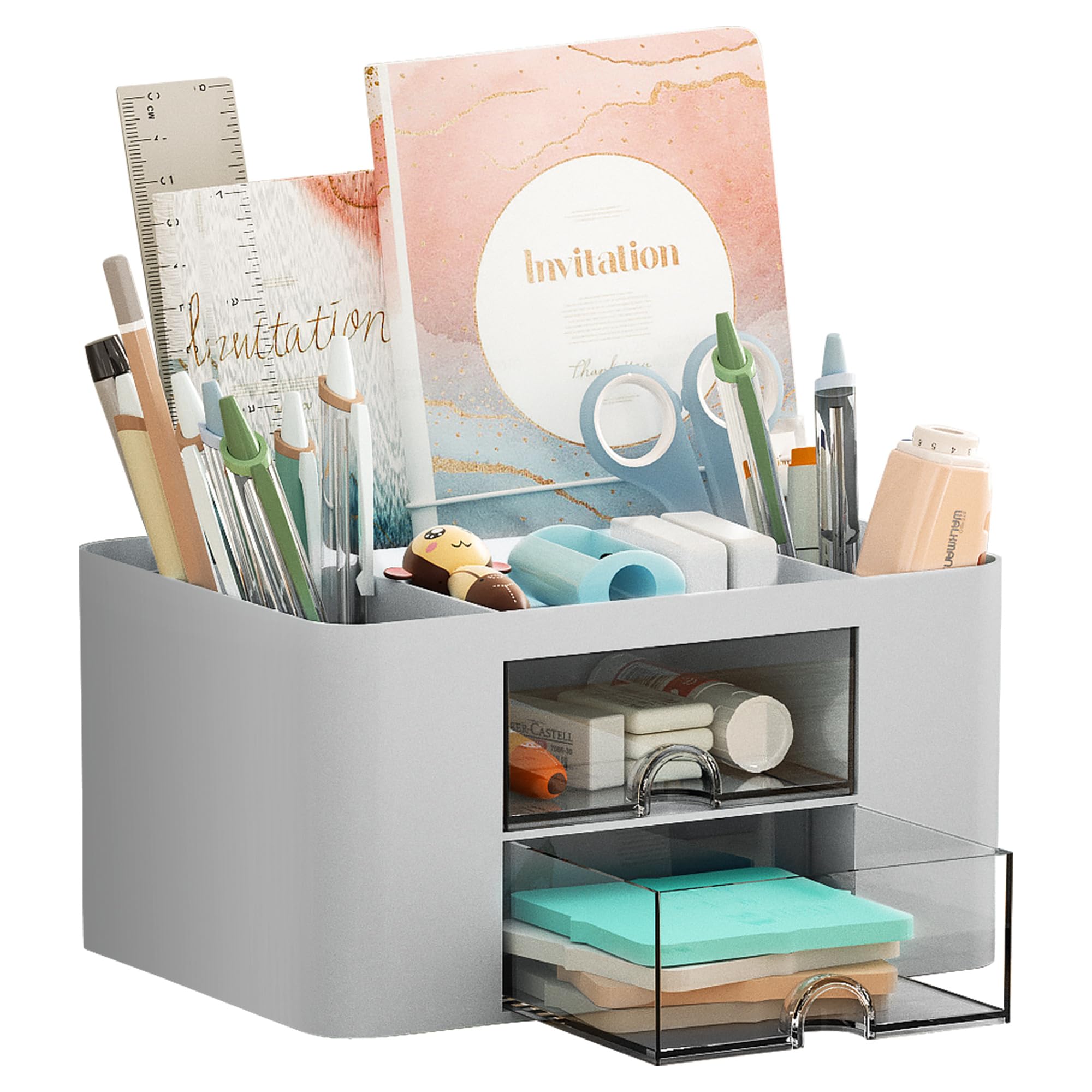Premium Marbrasse Pen Organizer with 2 Drawers - Multi-Functional Desk Pencil Holder & Office Supplies Organizer - 5 Compartments + Storage Drawers for Pens, Markers, Art Tools - Perfect for Home Office, School & Craft Room (Grey)