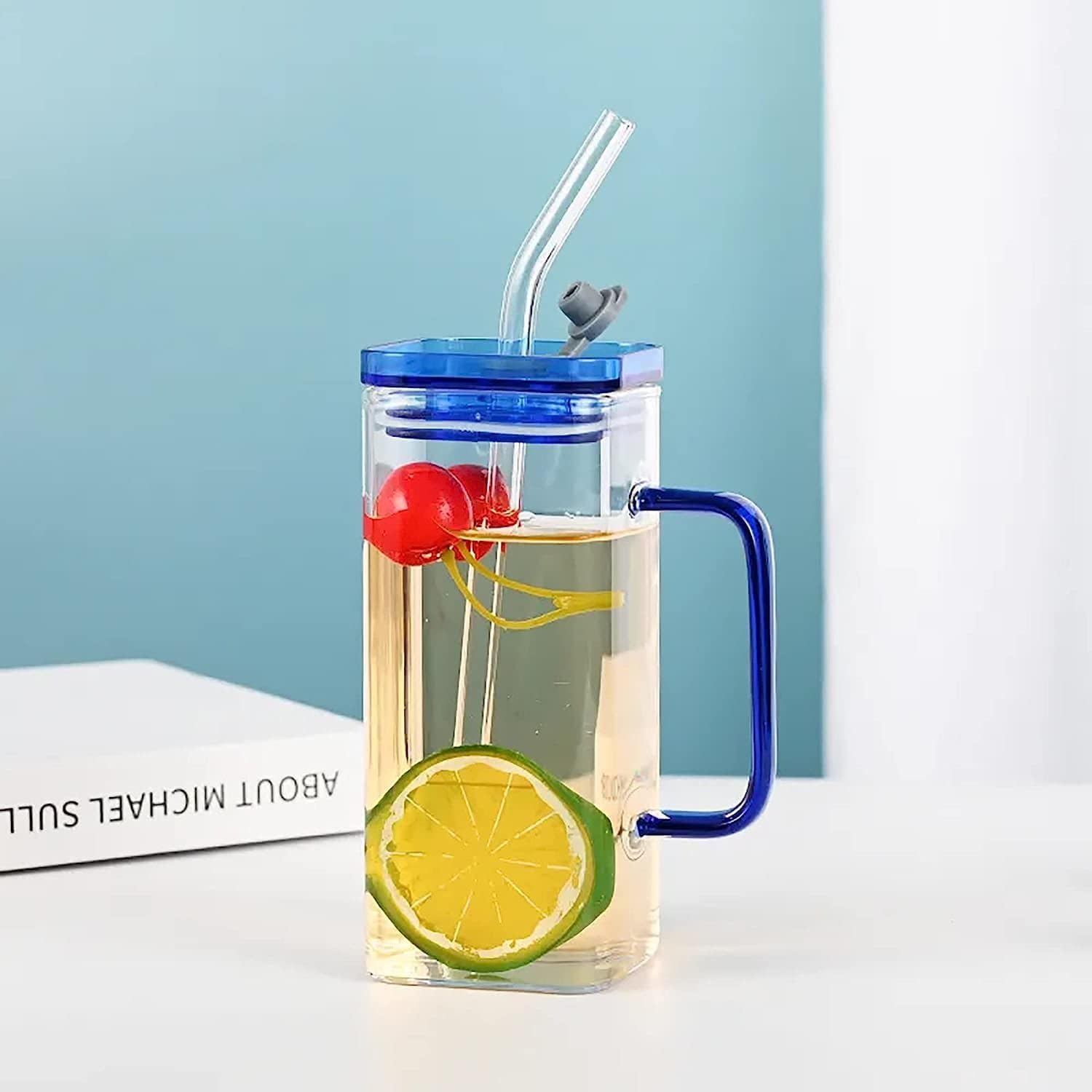 KEXES 350ml Square Cocktail Glasses with Lids & Straws - Set of 1 Premium Beer Mug, Iced Coffee & Soda Can Glassware - Perfect for Home Bars, Parties, and Summer Drinks