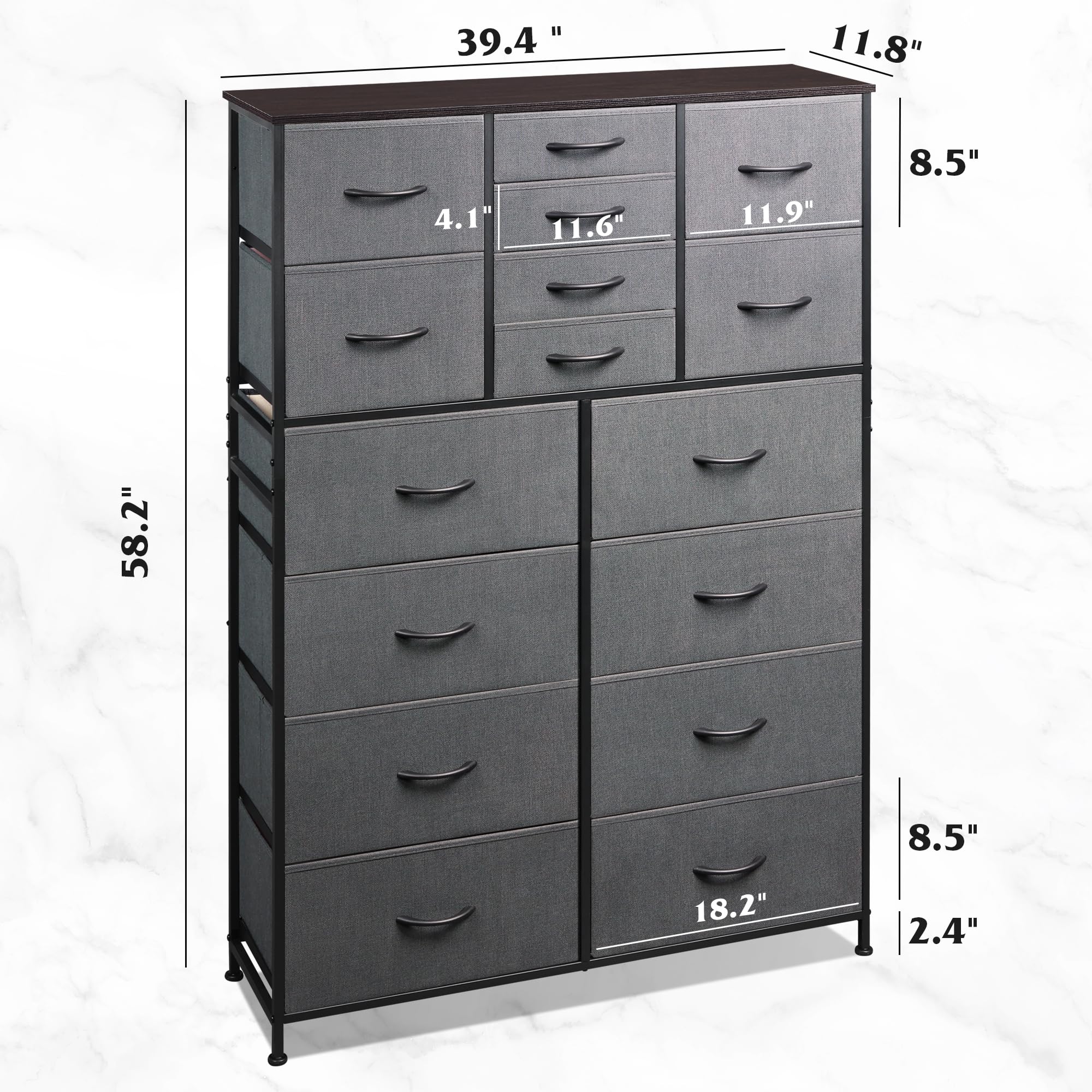 WLIVE 16-Drawer Fabric Storage Dresser - Tall Bedroom Dresser Organizer with Bins for Closet, Hallway & Living Room - Dark Grey Chest of Drawers for Home Organization & Space Saving
