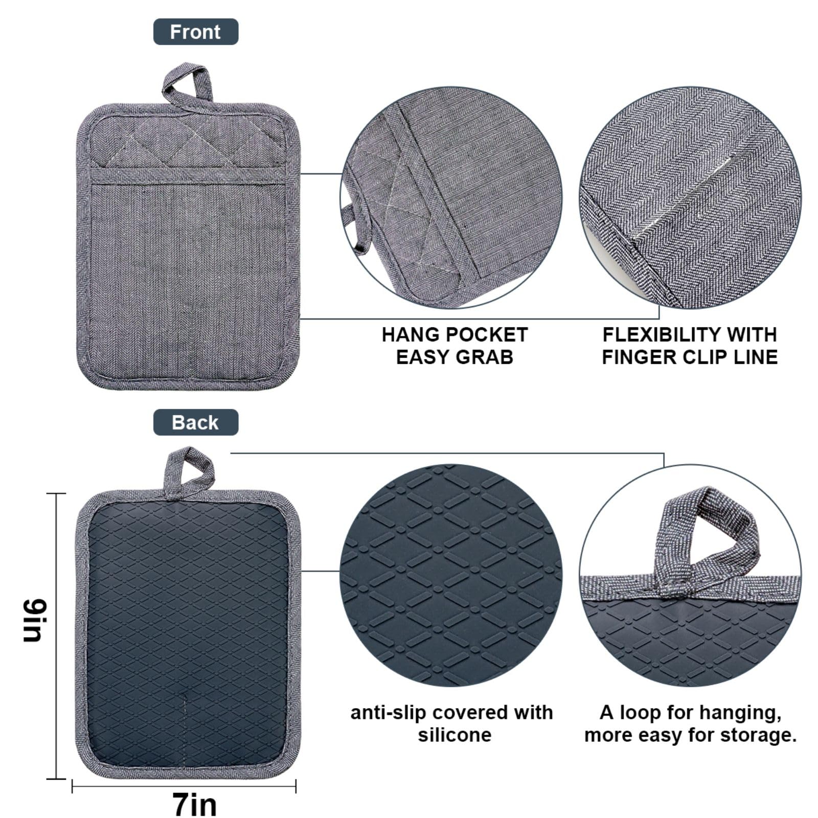 Heat Resistant Silicone Pot Holders Set of 3 - Non-Slip Kitchen Gloves for Cooking, Baking & BBQ (500℉ Safe) - Microwave & Machine Washable - Perfect for Grilling, Baking & Hot Dish Handling (Gray)