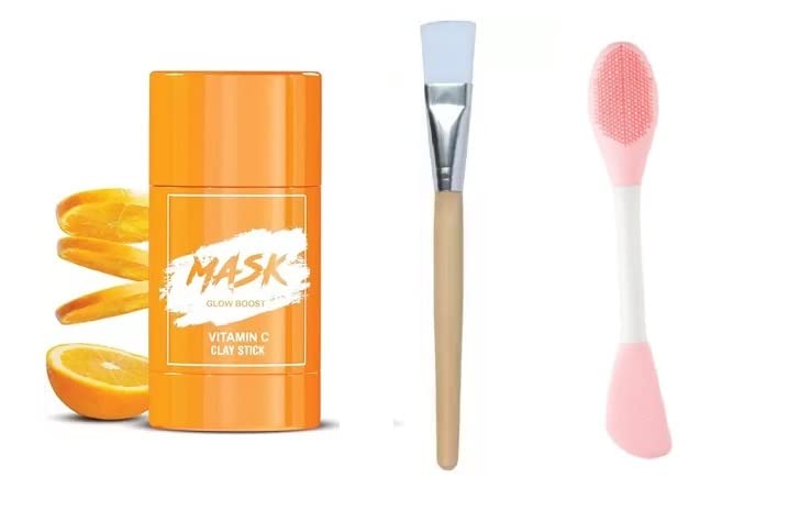 Vitamin C Orange Face Mask Stick with Silicone Brush & Face Pack Brush Set (3-Piece) - Brightening & Hydrating Skincare for Glowing Skin at Home or Spa