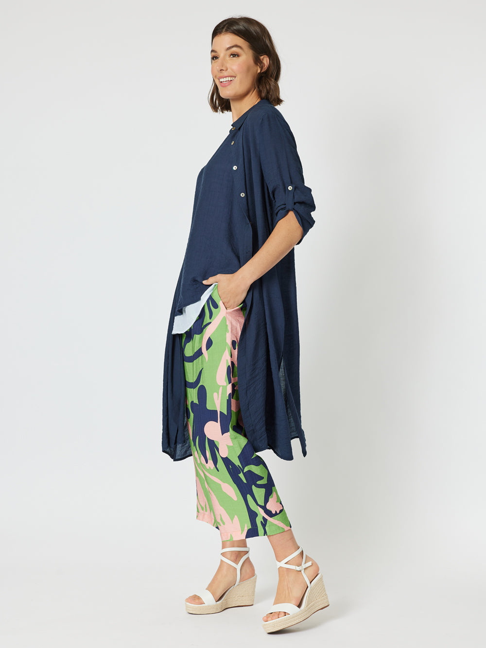 Clarity Long Duster Shirt for Women - Navy Blue Oversized Button Down Shirt, Lightweight Layering Top for Casual Outfits & Office Wear