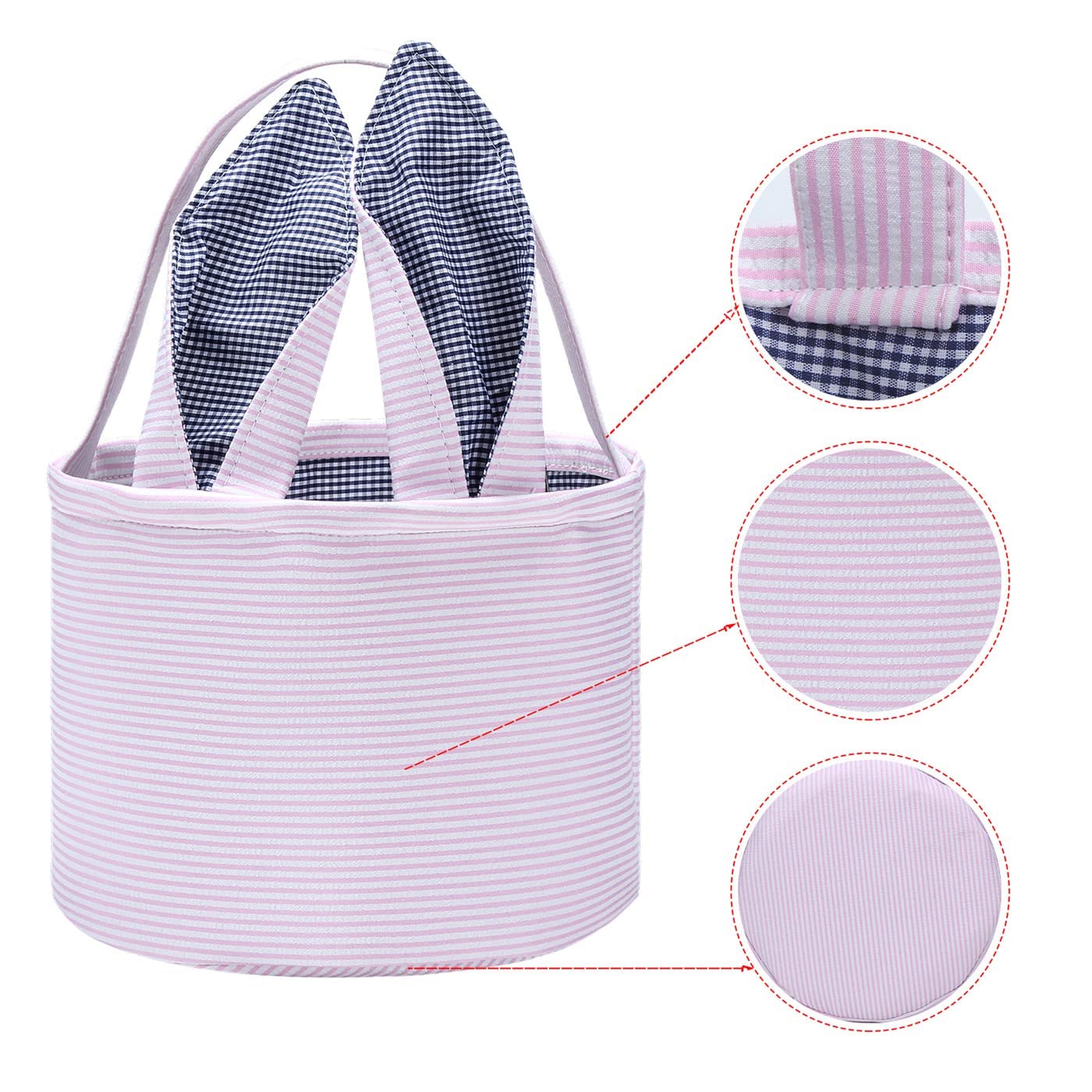 Personalized Easter Bunny Basket Seersucker Egg Bags for Kids - Fluffy Tail Candy Gift Buckets for Boys & Girls - Perfect for Easter Egg Hunts, Party Favors & Spring Celebrations (Pink)