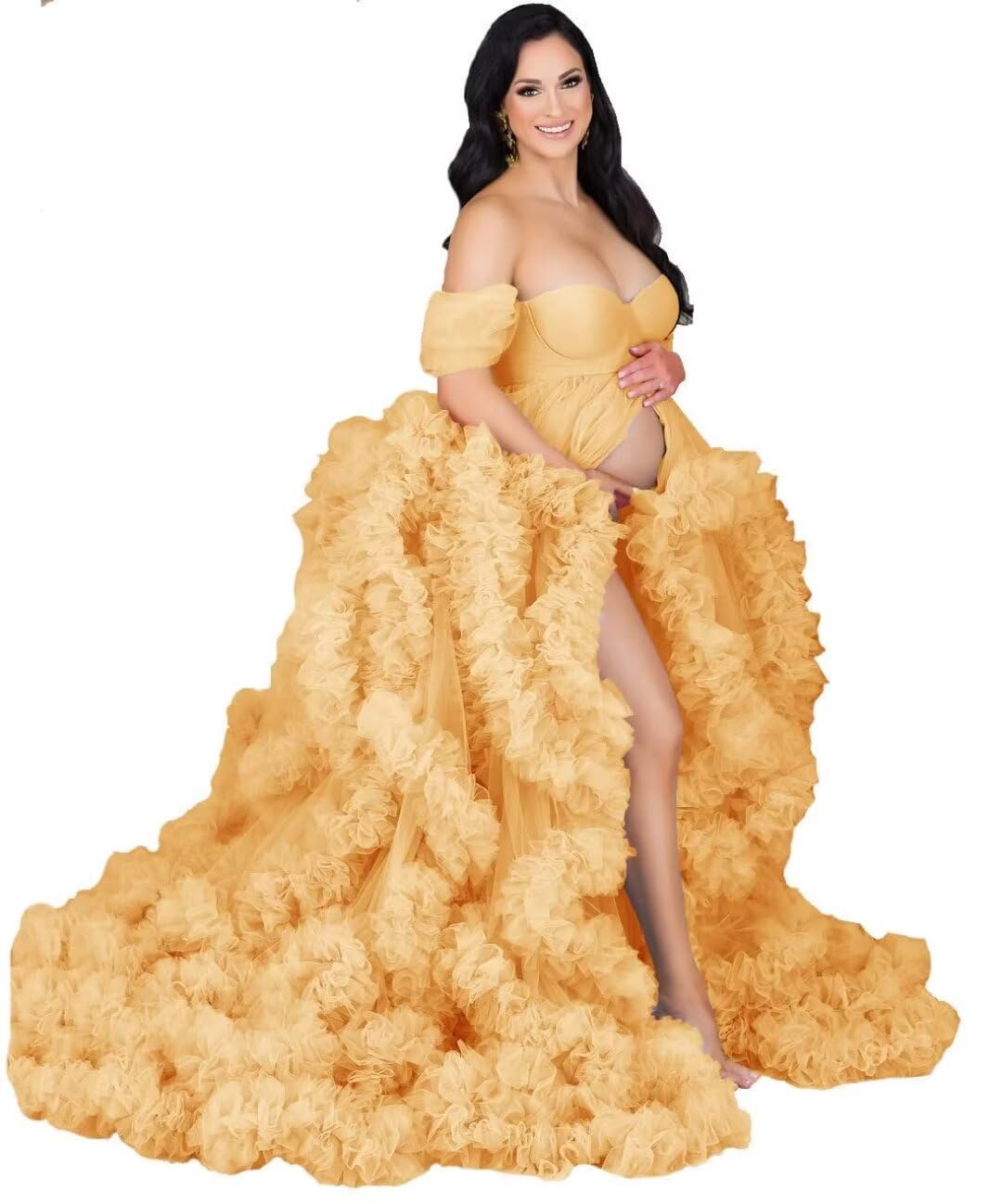 Elegant Maternity Photo Shoot Dress - Women's Tulle Robe with Puffy Ruffles, Bridal Lingerie & Sheer Illusion Scarf for Wedding, Boudoir & Maternity Photography