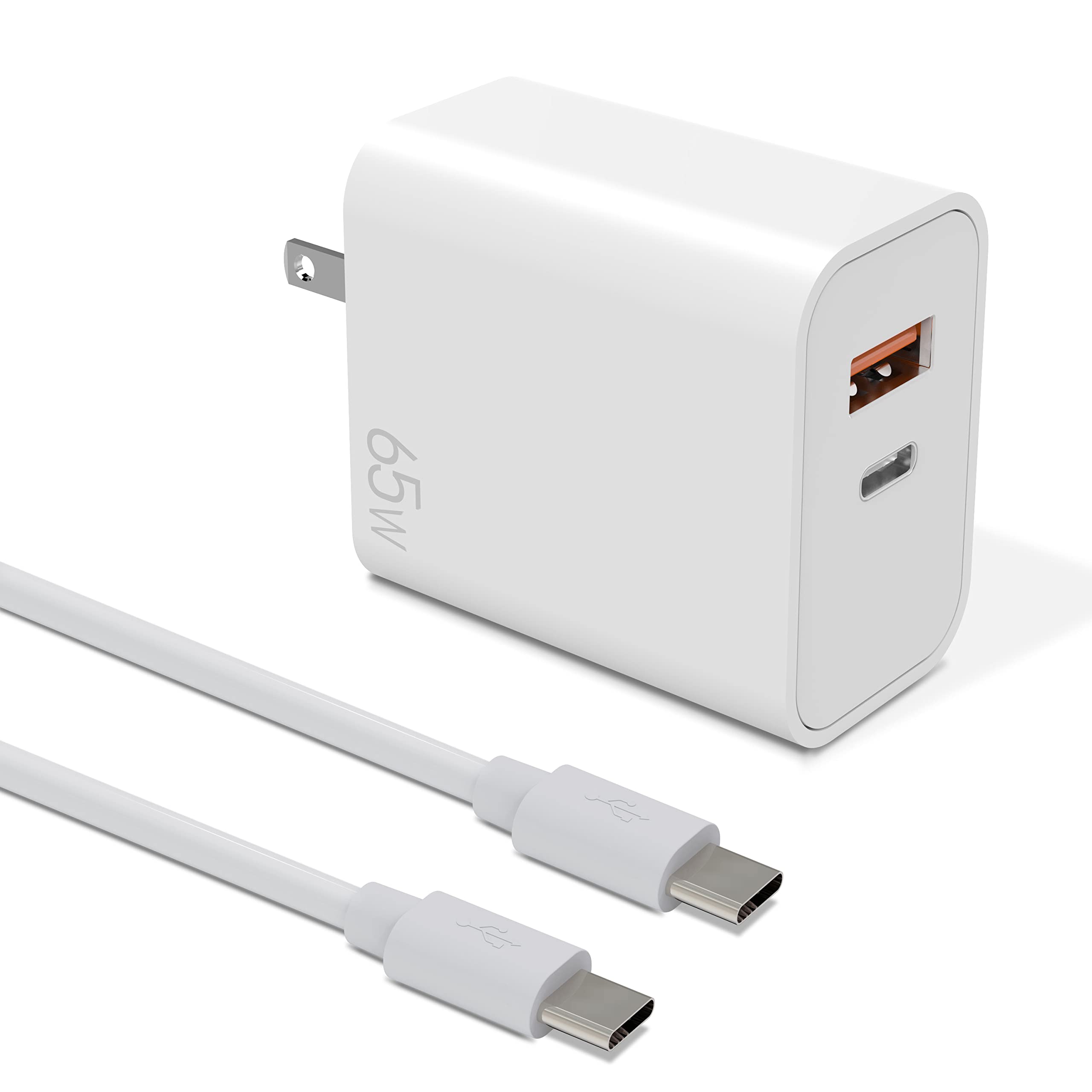 65W USB C GaN Wall Charger with 2 Ports - PD Fast Charging Adapter for iPhone 13/12 Pro Max, MacBook Pro/Air, iPad Pro, Galaxy S22/S21 - Includes USB C to USB C Cable - Perfect for Travel, Home & Office Use