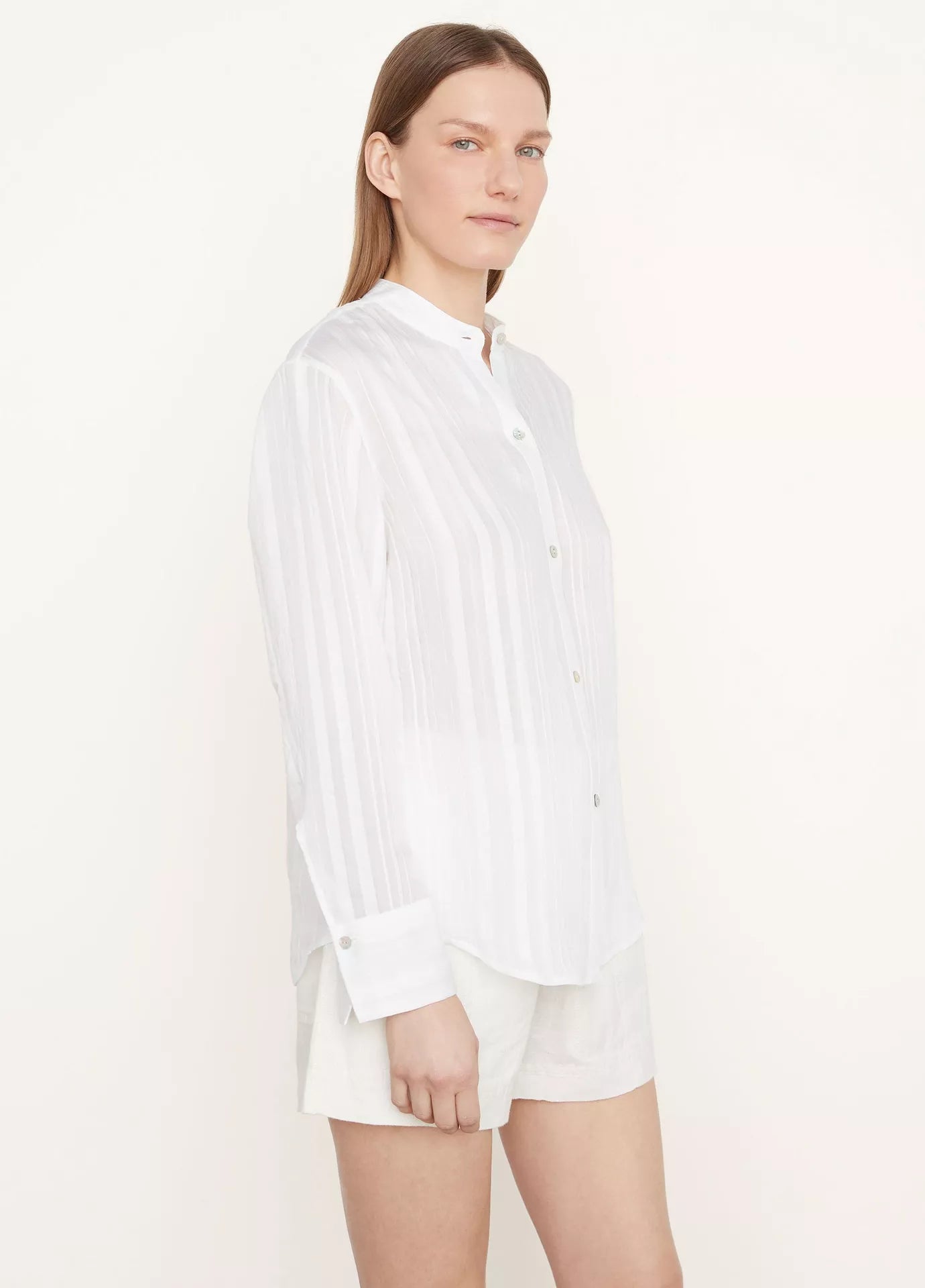 Stylish Drapey Stripe Band Collar Shirt in Optic White | Casual & Office Wear | Perfect for Business Meetings & Weekend Outings