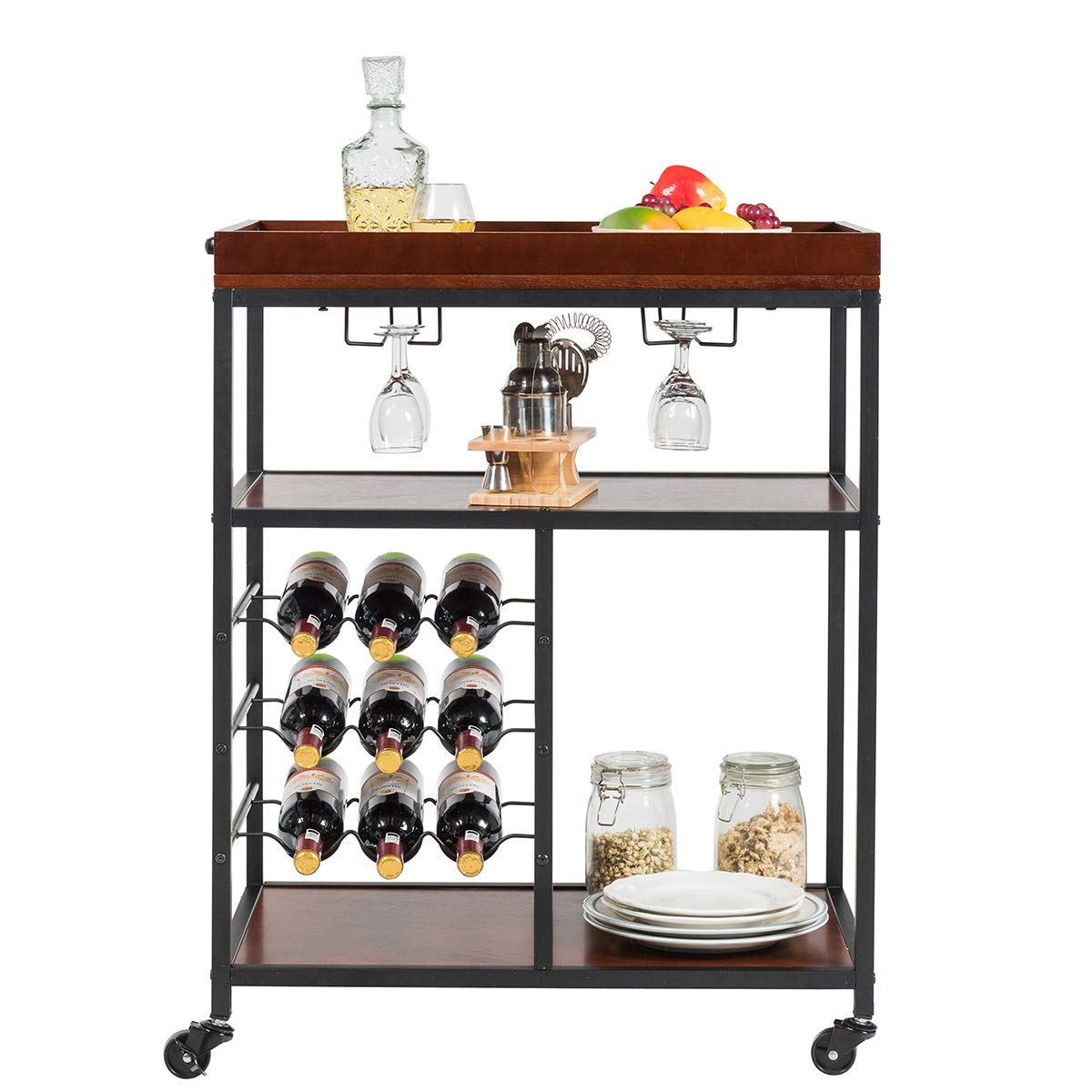 Giantex 3-Tier Rolling Kitchen Island Cart with Wine Rack & Glasses Holder - Industrial Style Serving Cart, Utility Cart with Metal Frame & Casters, Rustic Brown - Perfect for Small Kitchens, Dining Rooms & Home Bars