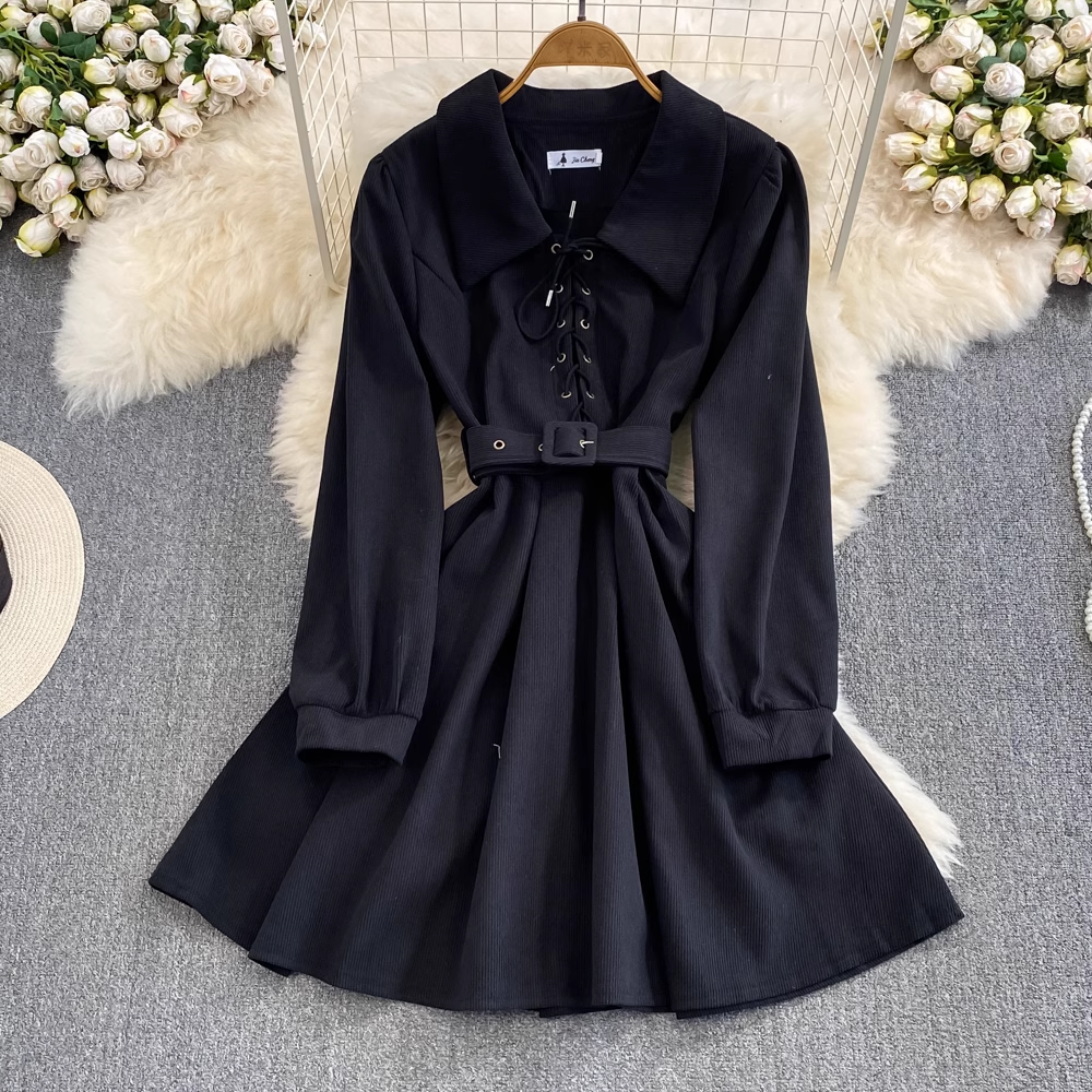 French Retro Long Sleeve A-Line Shirt Dress for Women - Vintage Style Fall Fashion - Perfect for Office, Date Night & Autumn Outings