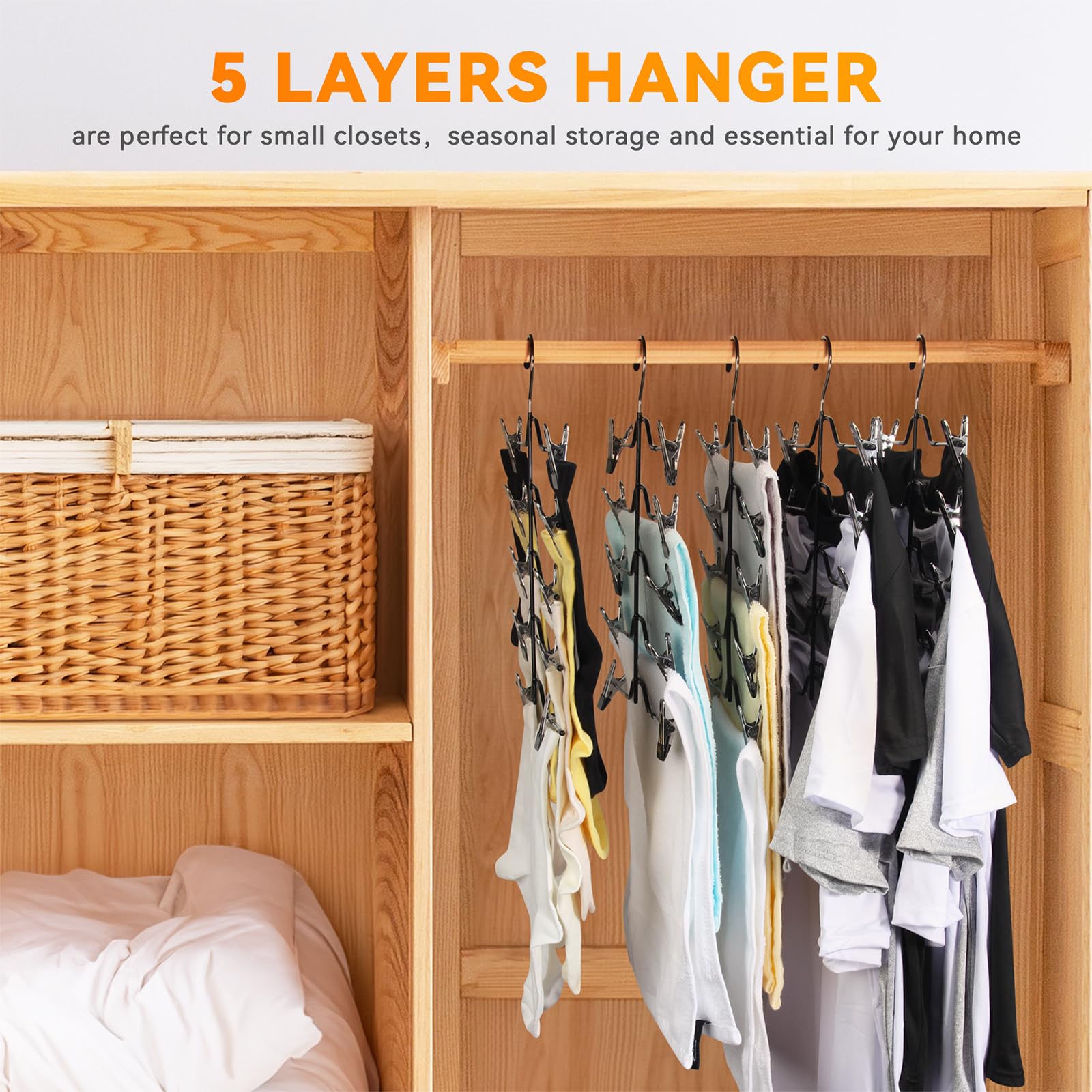 YULEER 5-Tier Space Saving Clothes Hangers with Adjustable Clips - 5 Pack Multi-Functional Hanger for Skirts, Shorts, Pants & Closet Organization (Rubber Dipped Sleeves) - Perfect for Small Closets, Dorm Rooms & Travel
