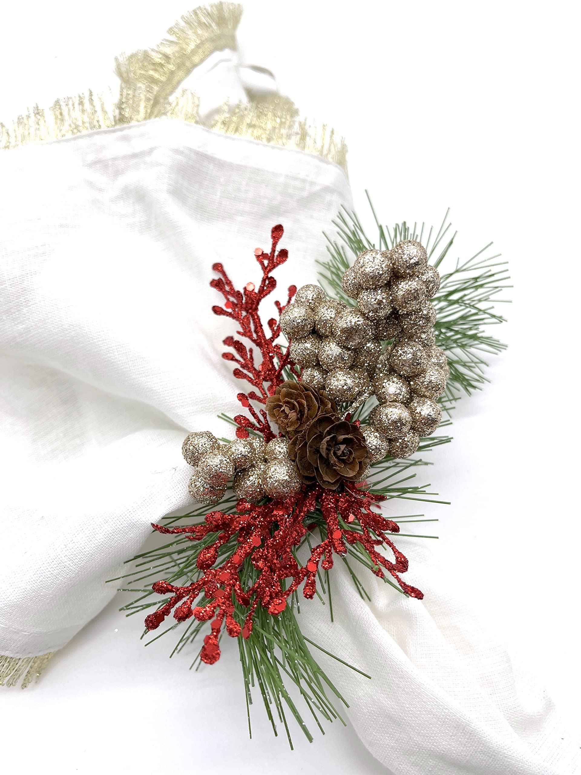 Elegant Pine Cone & Red Branch Napkin Rings Set of 6 - Rustic Christmas Holiday Table Decor for Dining, Parties & Festive Home Decoration