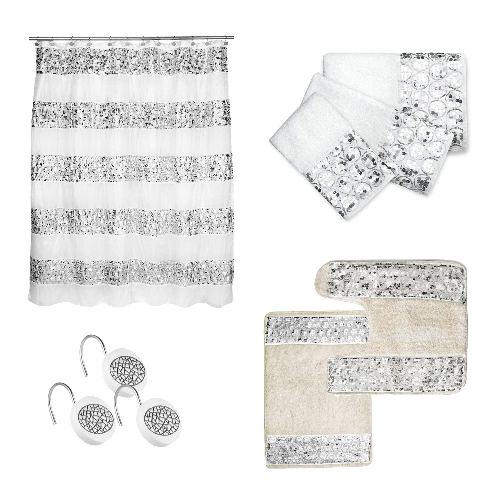 7-Piece Bathroom Accessory Set - Shower Curtain with Hooks, 3-Piece Towel Set, Contour Mat & Bath Rug in White - Perfect for Modern Bathrooms & Spa-Like Retreats