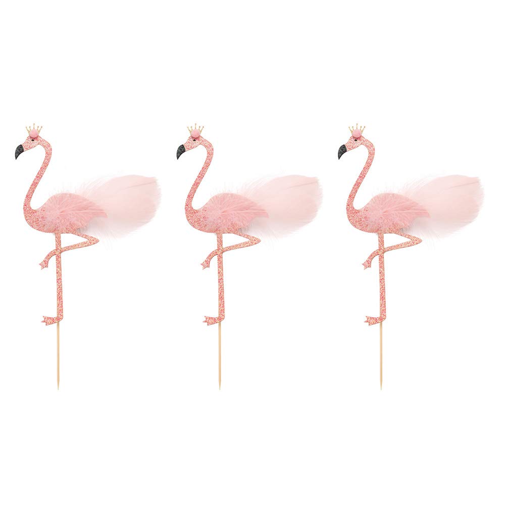 3-Piece Flamingo Cake Toppers Set - Glitter Powder Cake Picks & Delicate Inserts for Birthday, Wedding & Party Decorations | Cabilock