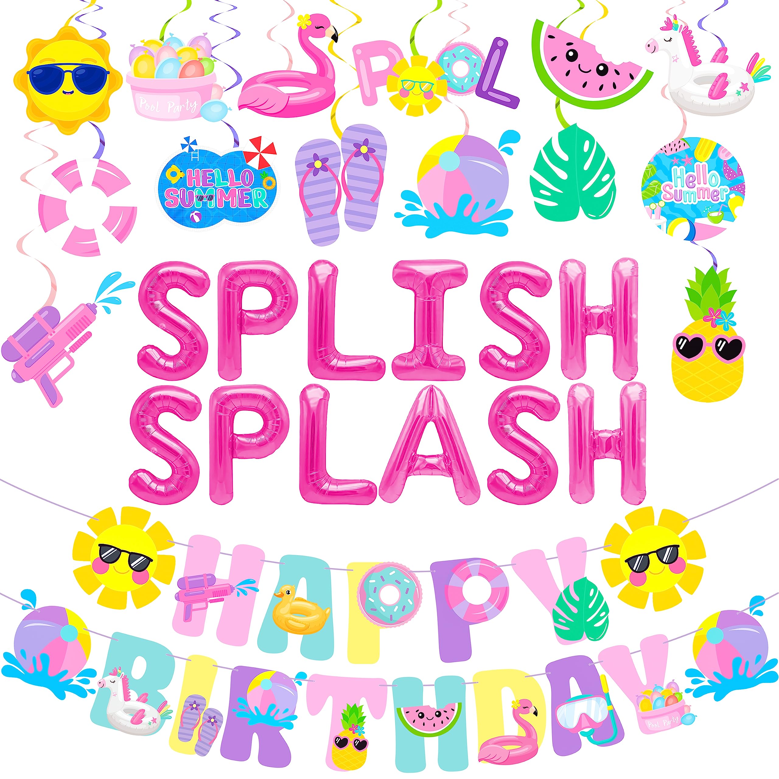 Pool Party Decorations - Splish Splash Birthday Foil Balloons, Hanging Swirls & Banner for Girls Summer Beach Party | Hawaiian Luau Tropical Theme Decor for Poolside Celebrations, Baby Showers & Backyard Gatherings