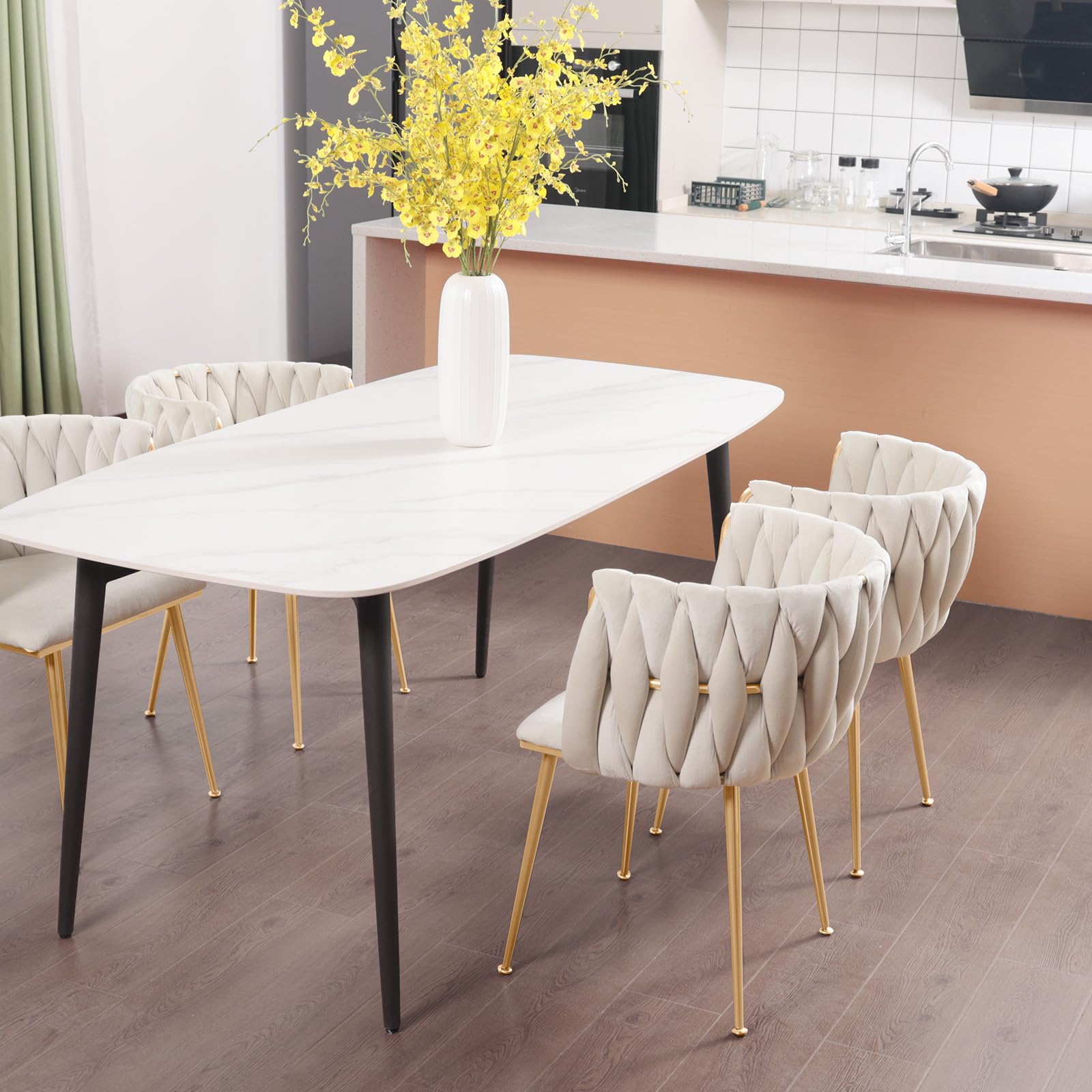 Luxury Velvet Dining Chairs Set of 2 - Modern Accent Chairs with Gold Metal Legs & Woven Upholstery for Living Room, Bedroom, Kitchen - Perfect for Home Decor, Dinner Parties & Cozy Seating