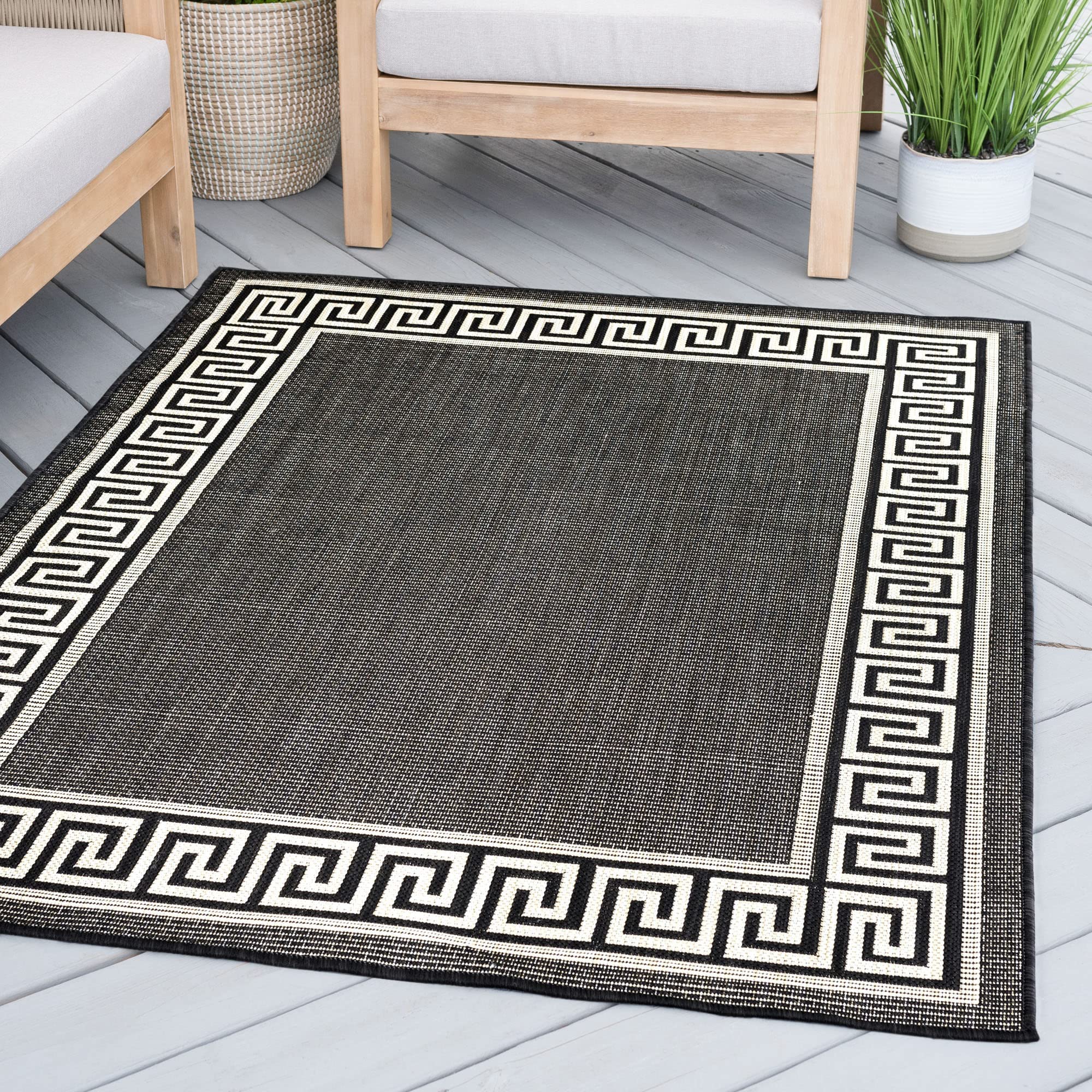 7'10'' Round Waterproof Indoor/Outdoor Rug - Black - Perfect for Patio, Deck, Porch, Entryway & Garden - Durable All-Weather Area Rug for Outdoor Spaces