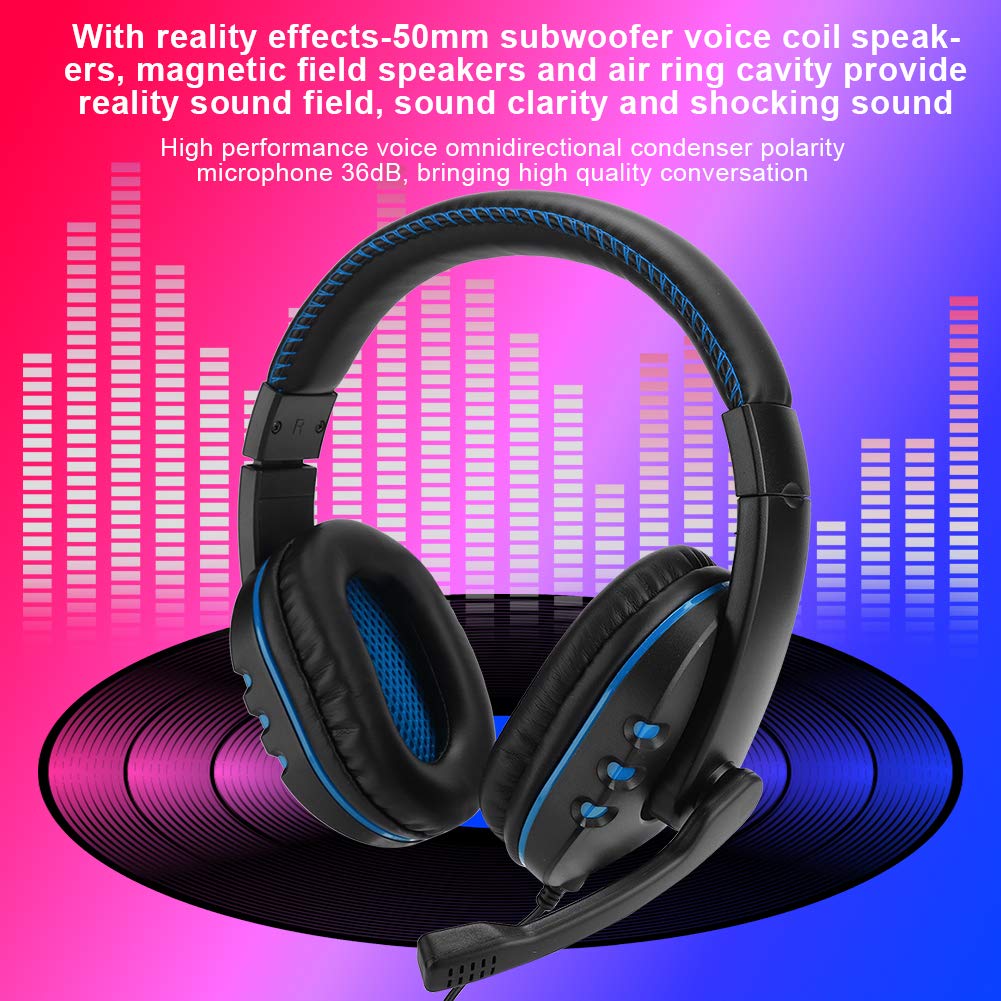 3.5mm Wired Gaming Headset with Microphone - Lightweight Over-Ear Headphones with Soft PU Cushions & Adjustable Headband for PS4, PC, Xbox (Black Blue) - Perfect for Online Gaming, Streaming & Voice Chat