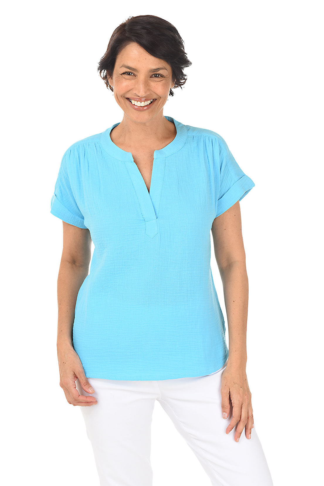 Bubble Gauze Rolled Short Sleeve Blouse for Women - Breathable Summer Top for Casual Outings & Beach Vacations
