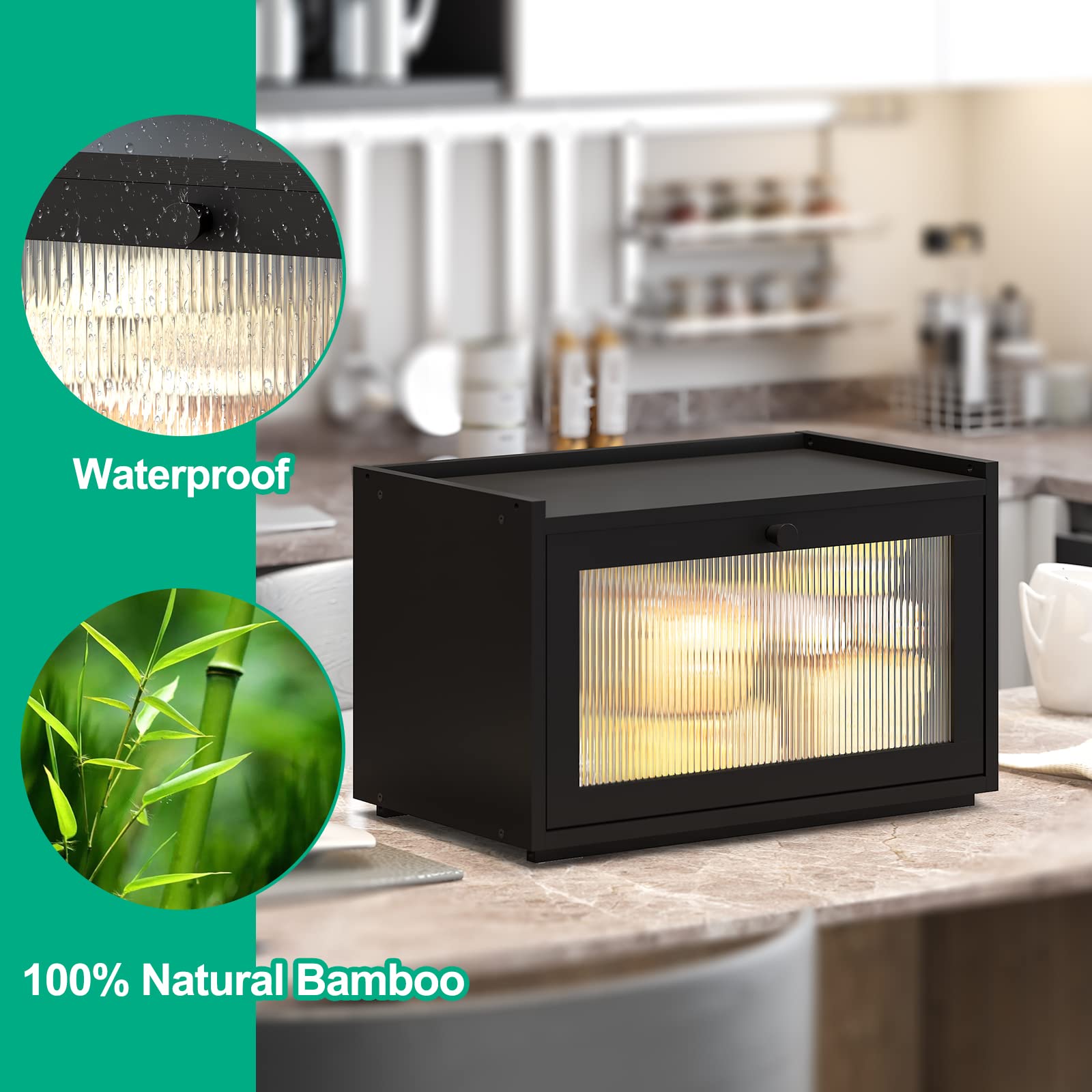Large Black Bamboo Bread Box with Wavy Acrylic Door - Farmhouse Style Kitchen Counter Bread Storage Container for Bread, Baguettes & Pastries - Perfect for Home, Bakery & Rustic Kitchen Decor
