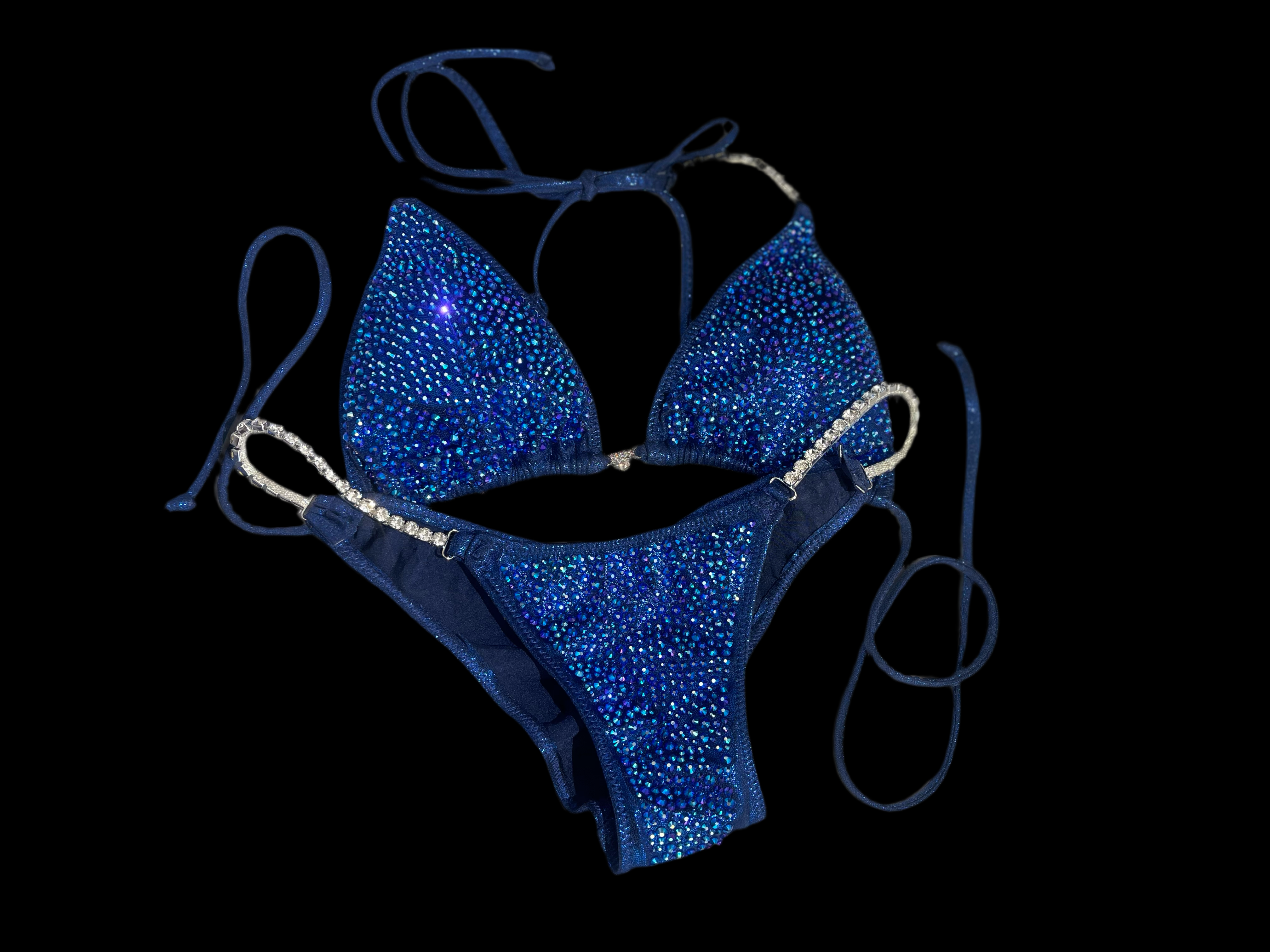 Royal Blue Bikini Competition Suit with Crystal Layers & Colored Stones - High Cut Swimsuit for Bodybuilding, Fitness Shows & Beachwear