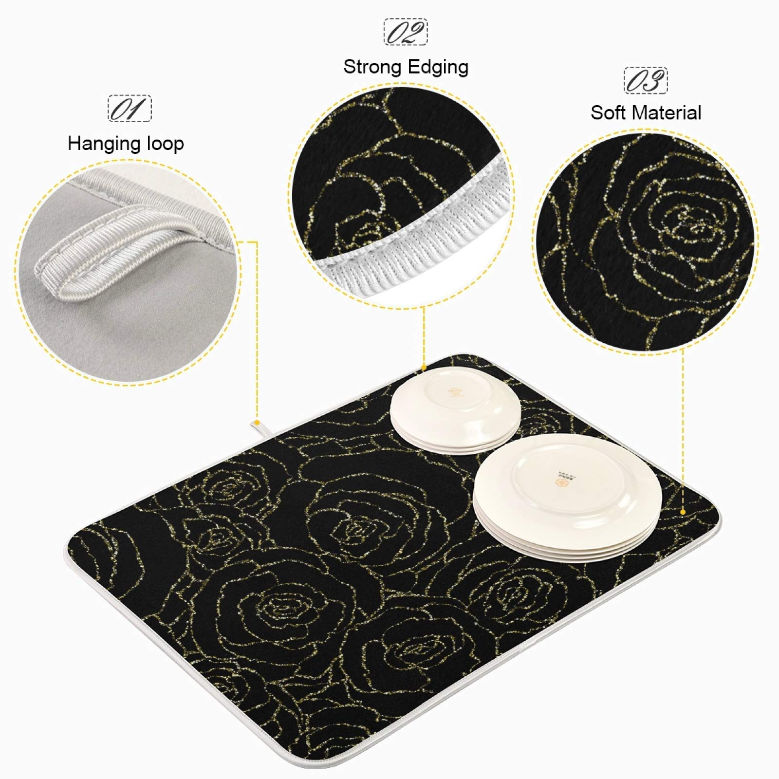 Susiyo Gold Glitter Roses Dish Drying Mat - Super Absorbent Microfiber Kitchen Counter Pad (18x24 Inch) | Heat-Resistant, Non-Slip & Safe for Dishes | Perfect for Drying Cups, Plates & Utensils on Countertops