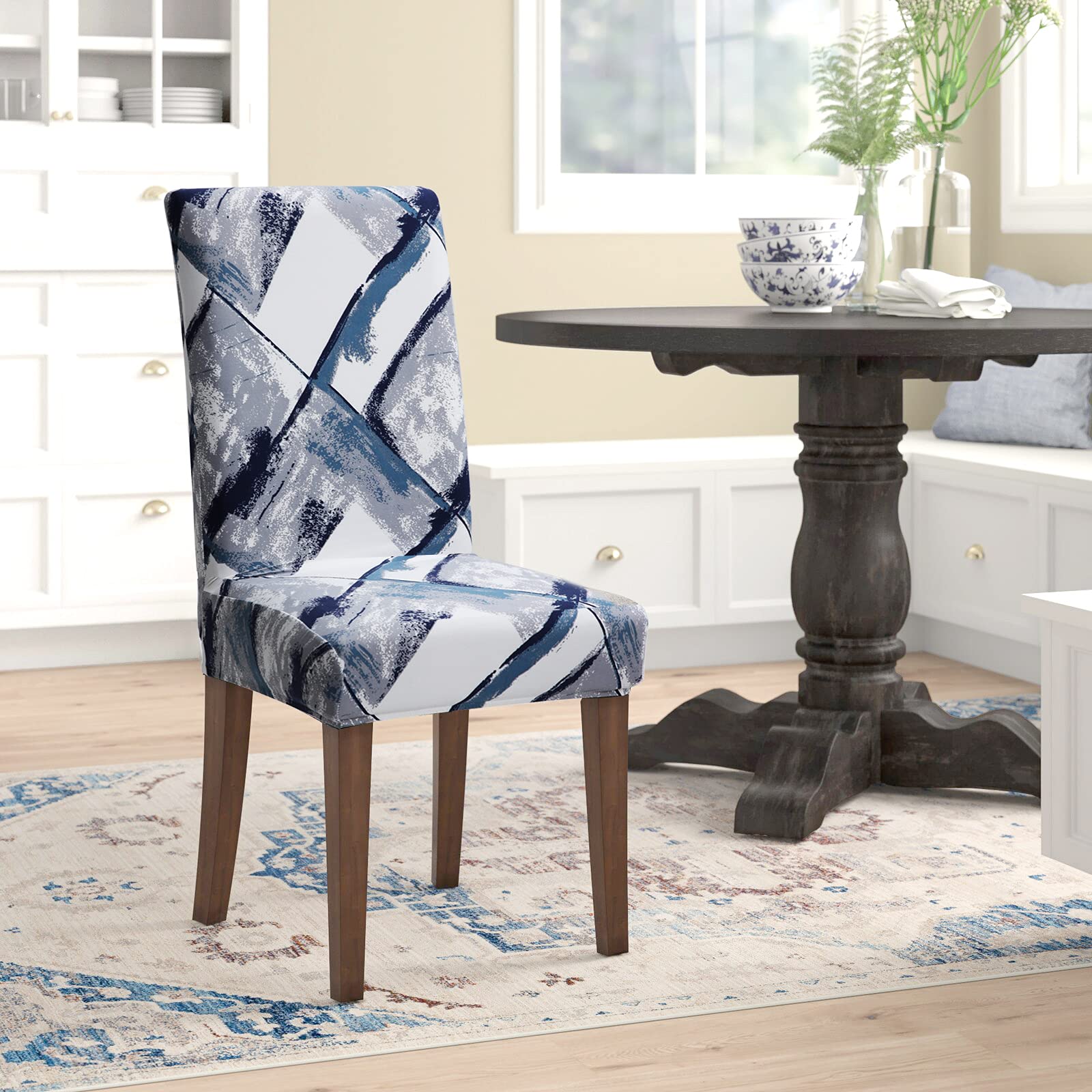Stretch Spandex Dining Chair Covers - Washable & Removable Parson Chair Slipcovers for Kitchen, Dining Room & Office - Set of 4 (White/Gray) - Protects Chairs from Spills, Stains & Wear