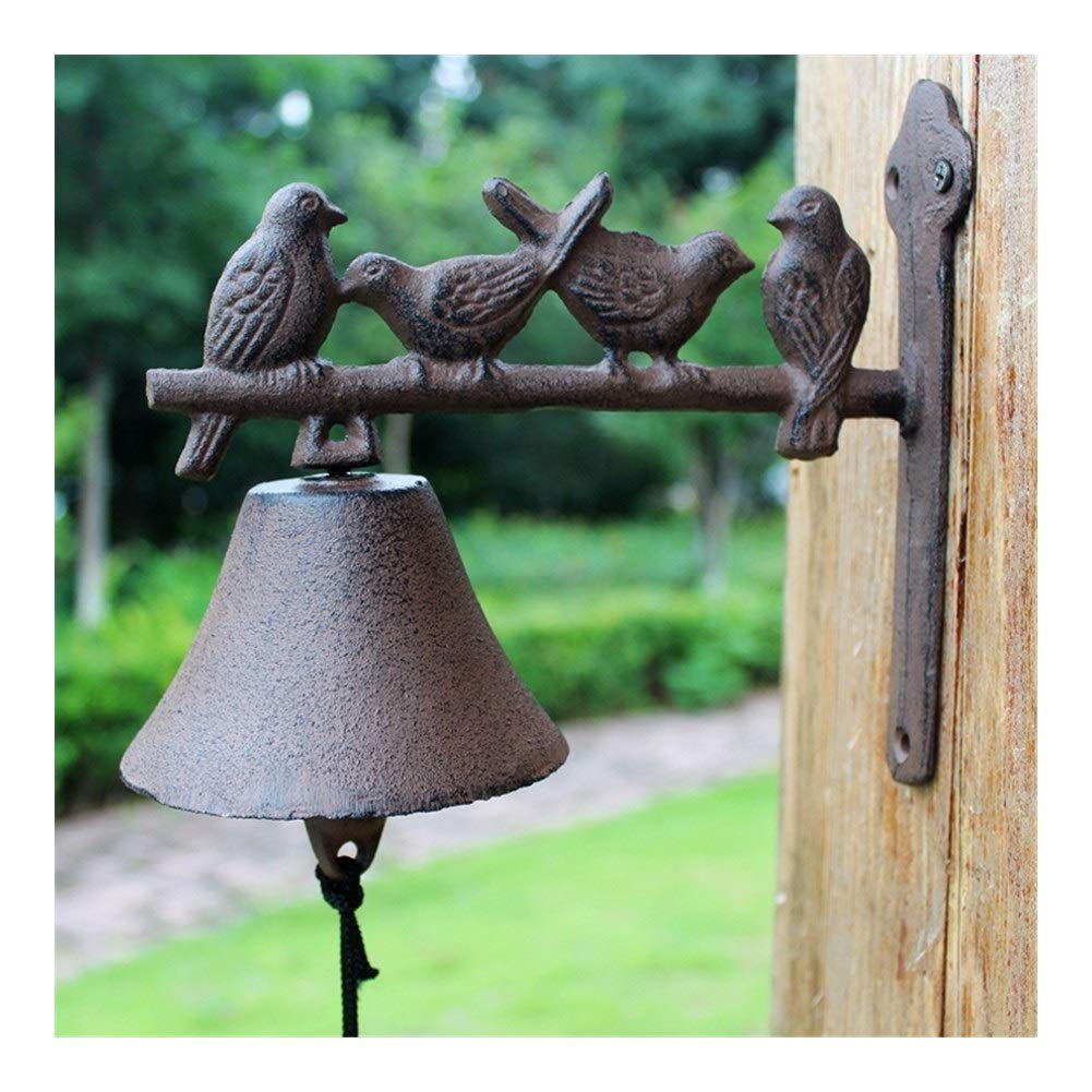 Vintage Cast Iron Wall Mounted Hand-Cranked Bell - Decorative Garden Accessory with Four Birds on Branch Design - Perfect for Outdoor Patio, Yard, and Garden Decor