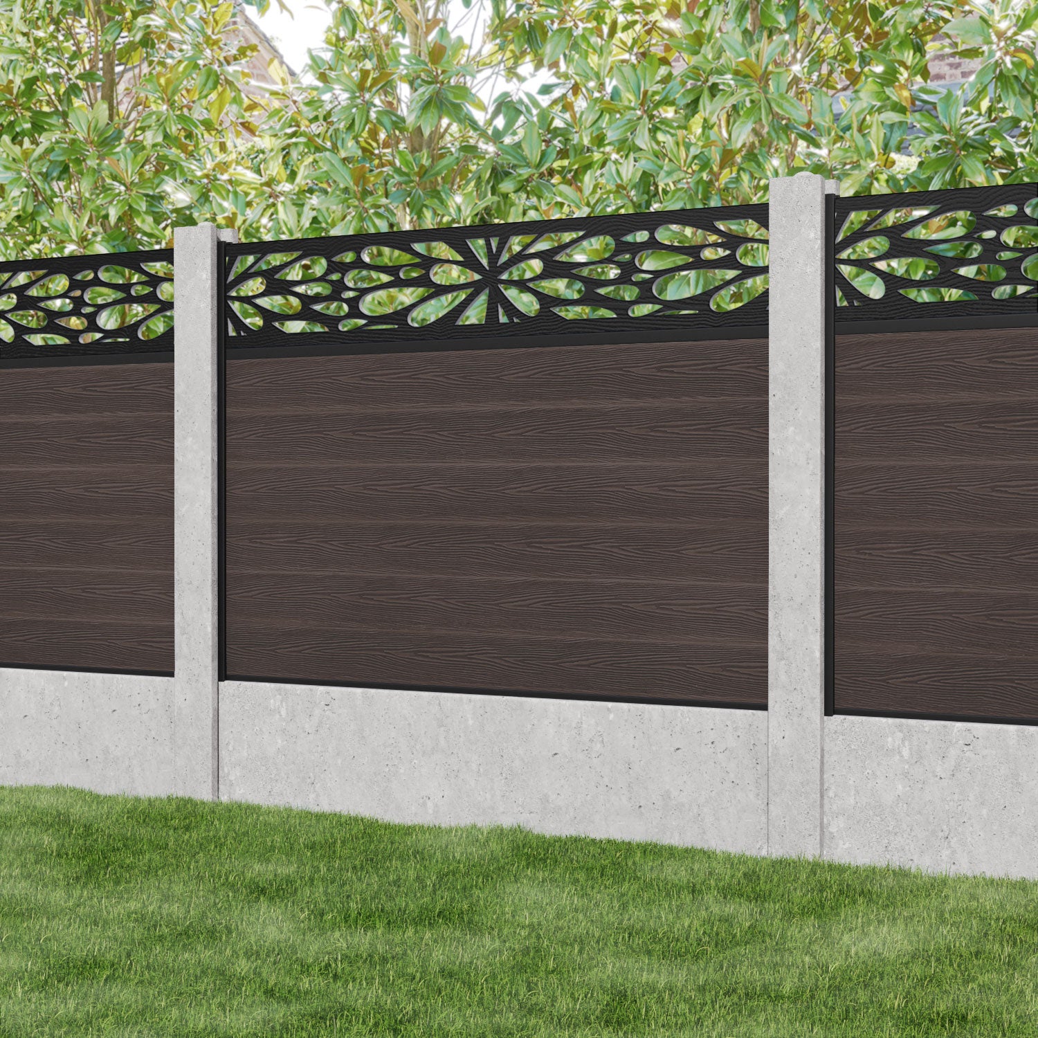 Classic Blossom Fence Panel - Mid Brown Wooden Garden Fence for Concrete Posts | Outdoor Privacy Screen, Backyard Decoration & Landscape Design