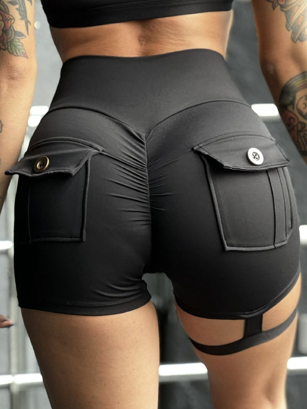ZASUWA Women's High Waist Scrunch Butt Lifting Gym Shorts with Cut Out Design & Pockets - Workout, Running, Yoga & Casual Wear