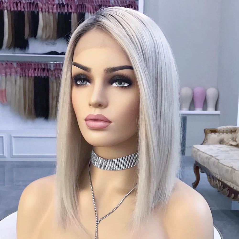 14 Inch Platinum Blonde Lace Front Human Hair Wig - Balayage Ombre Ash Blonde Bob with Dark Roots, Transparent HD Lace Frontal, Pre-Plucked Natural Hairline & Baby Hair (150% Density) | Perfect for Daily Wear, Cosplay, Parties & Special Occasions