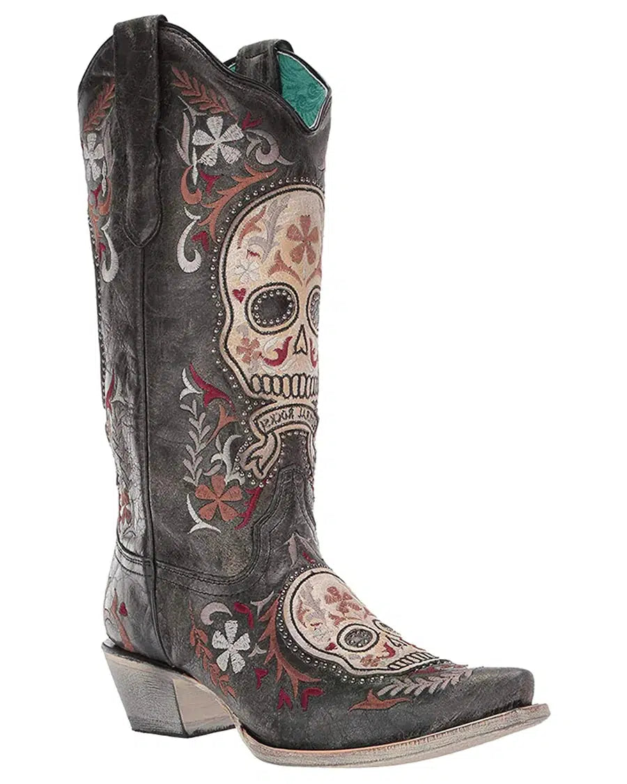 E1587 Women's Western Cowgirl Leather Boots - Black Skull Design for Rodeo & Country Fashion | Perfect for Horseback Riding, Line Dancing & Cowgirl Style Outfits