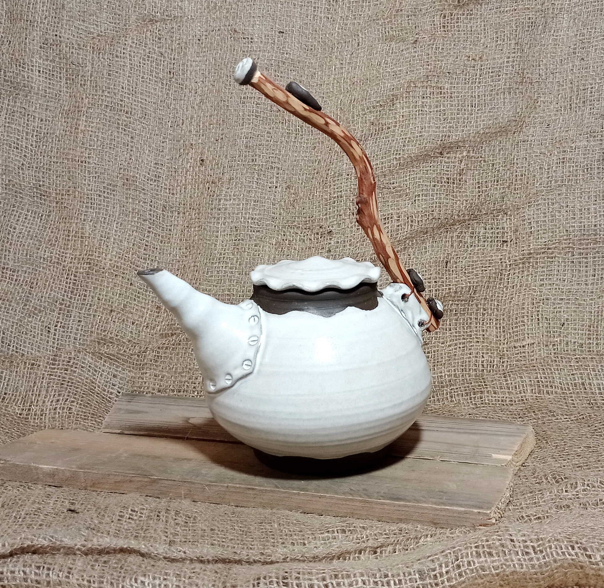 Handmade 60 Oz Black Clay Teapot with Natural Wood Handle - Unique Wheel-Thrown Cream Kitchenware - Perfect Gift for Mom, Tea Lovers & Home Decor