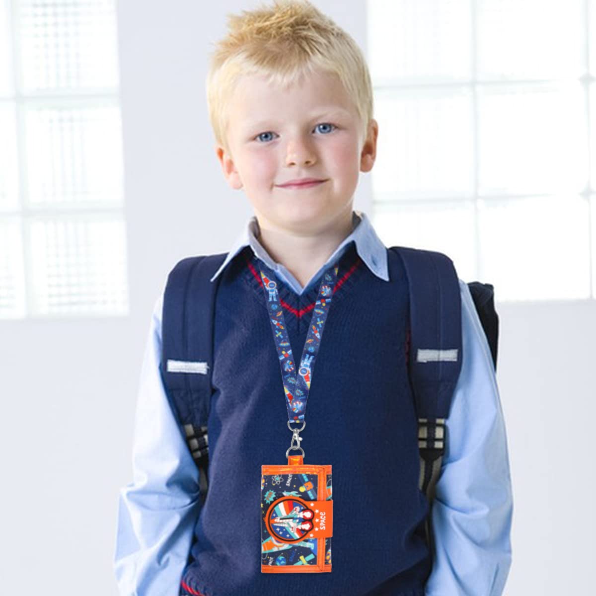 Space-Themed Kids Wallet for Boys Ages 5-12 - Cute Cartoon Trifold Wallet with Adjustable Lanyard - Perfect Gift for Birthday, Christmas & School Use - Ideal for Coins, Cash & ID Cards Storage