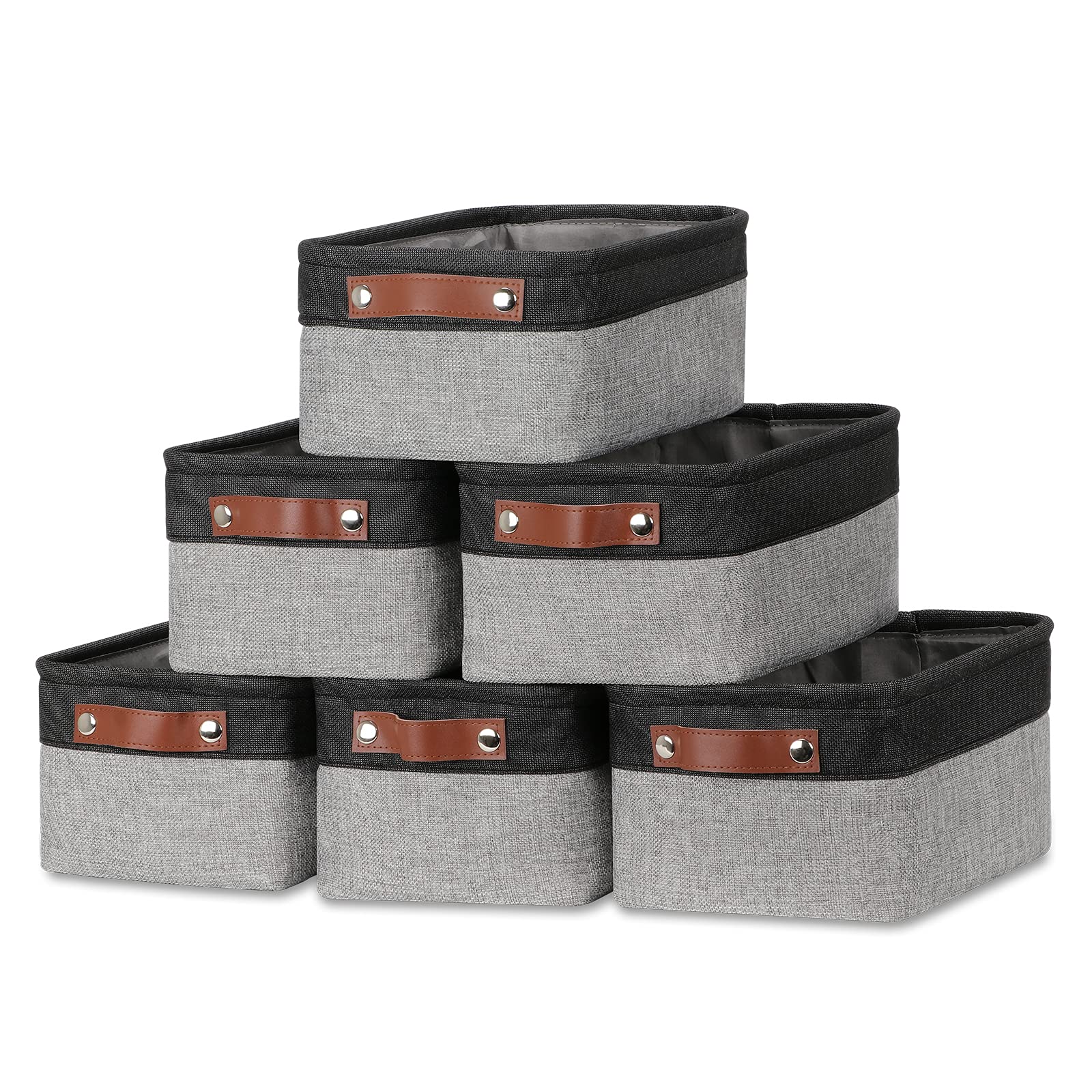 DULLEMELO Small Fabric Storage Bins - Collapsible Rectangular Baskets for Shelves & Closets (6-Pack, Black&Gray) - Perfect for Home, Office & Nursery Organization