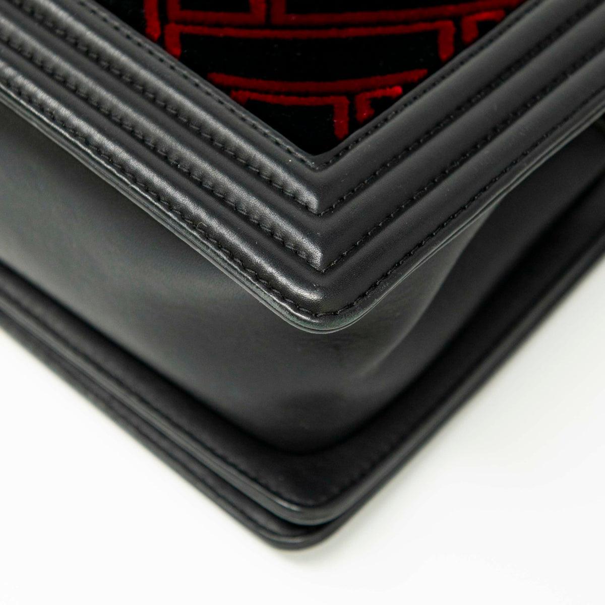 Chanel Medium Boy Bag in Red & Black Velvet - Luxury Designer Handbag for Women, Perfect for Parties, Dates & Special Occasions
